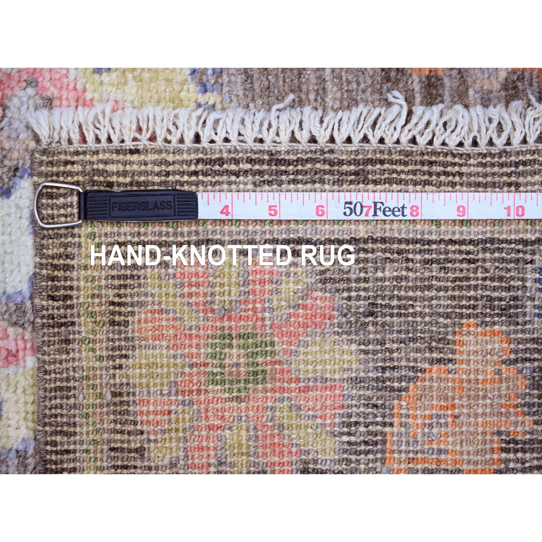 2'10"x10'4" Mocha Brown, Hand Knotted, Afghan Angora Oushak with Colorful Leaf Design, Vegetable Dyes, 100% Wool, Runner, Oriental Rug Sh89956