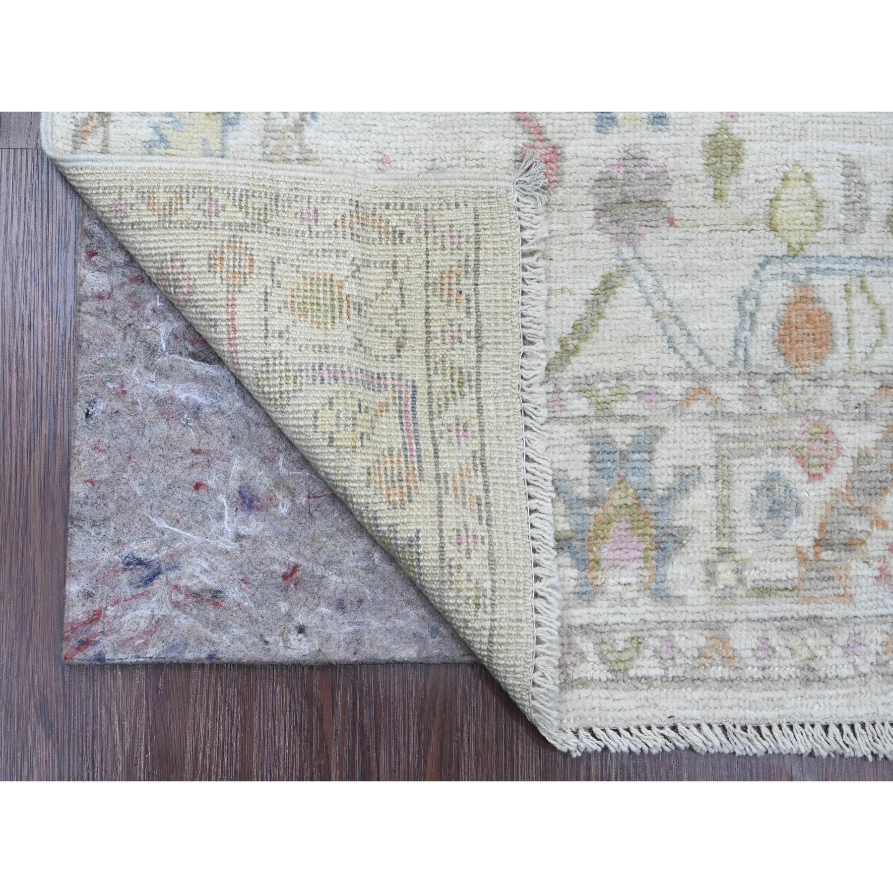 2'8"x11'8" Pearl White, Afghan Angora Oushak with Colorful Vines Design, Hand Knotted, Natural Dyes, Pure Wool, Runner, Oriental Rug Sh89961