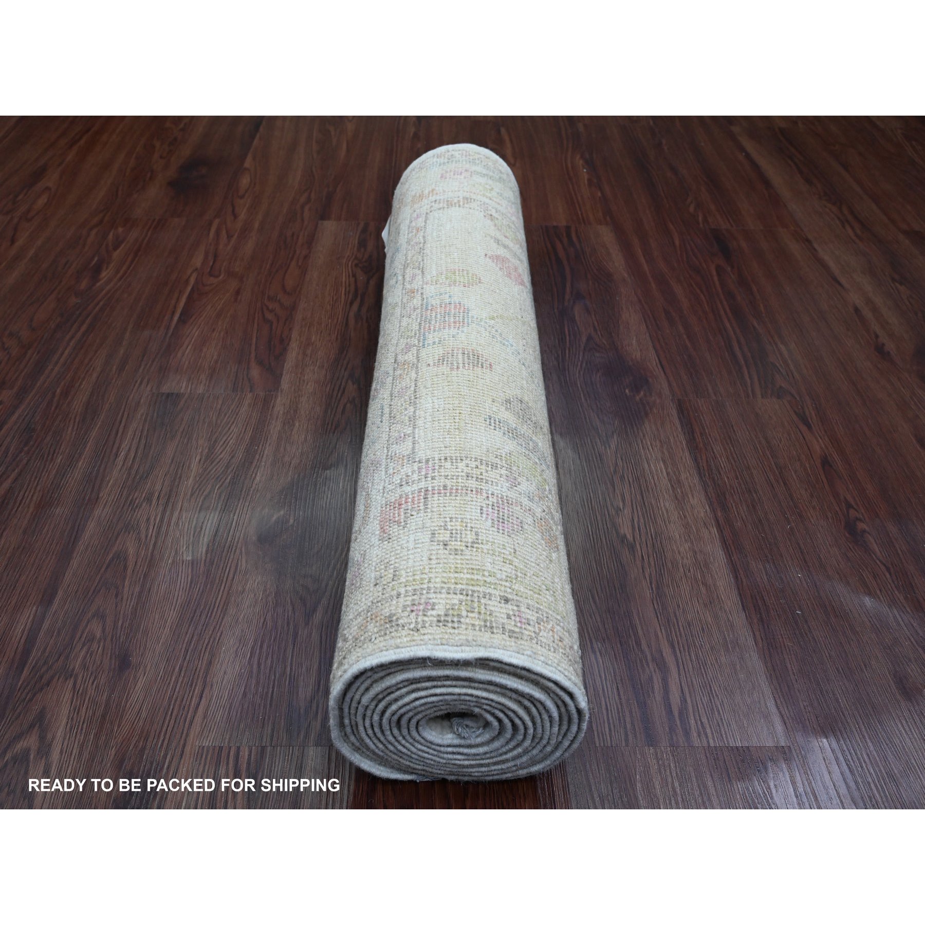 2'8"x11'8" Pearl White, Afghan Angora Oushak with Colorful Vines Design, Hand Knotted, Natural Dyes, Pure Wool, Runner, Oriental Rug Sh89961