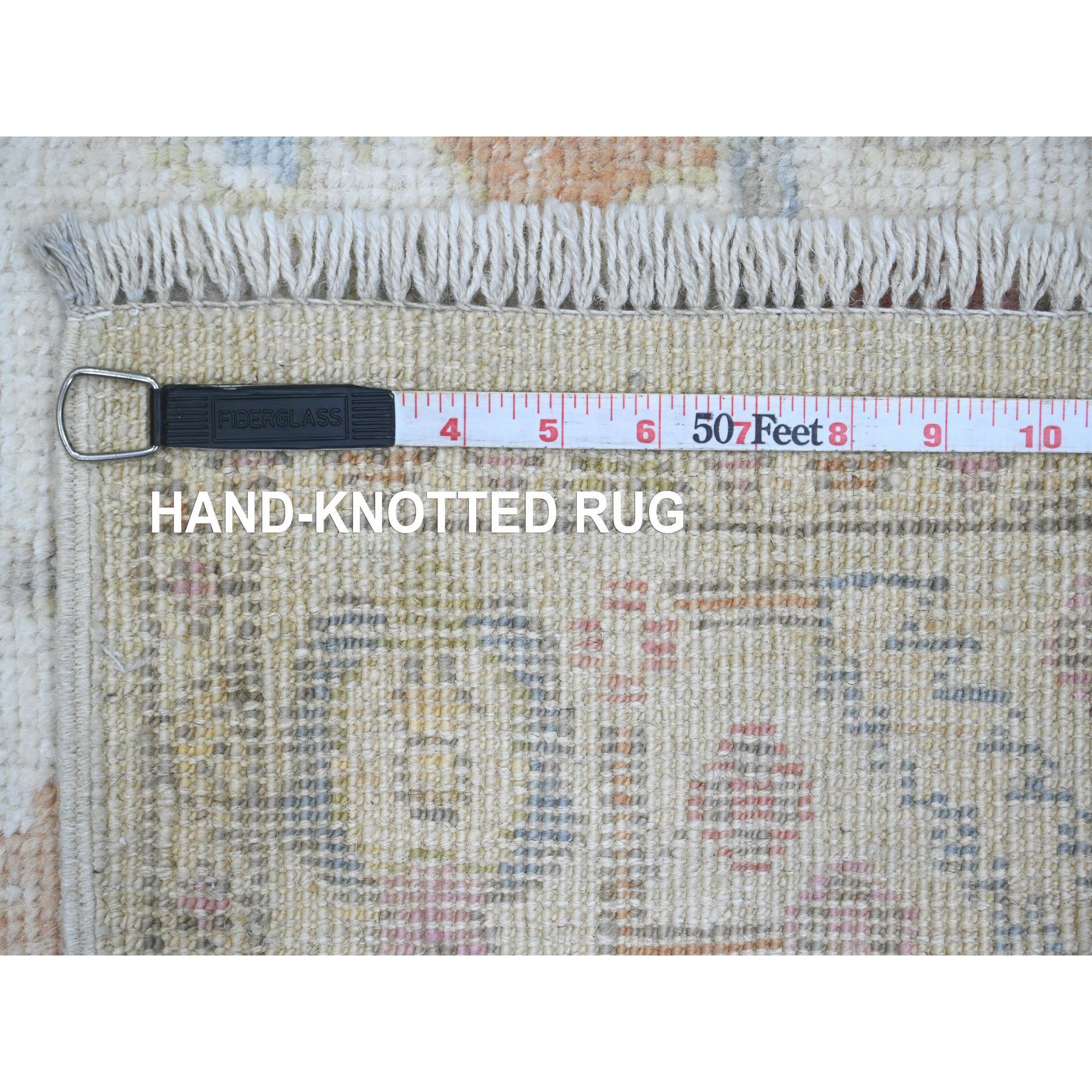 2'8"x11'8" Pearl White, Afghan Angora Oushak with Colorful Vines Design, Hand Knotted, Natural Dyes, Pure Wool, Runner, Oriental Rug Sh89961