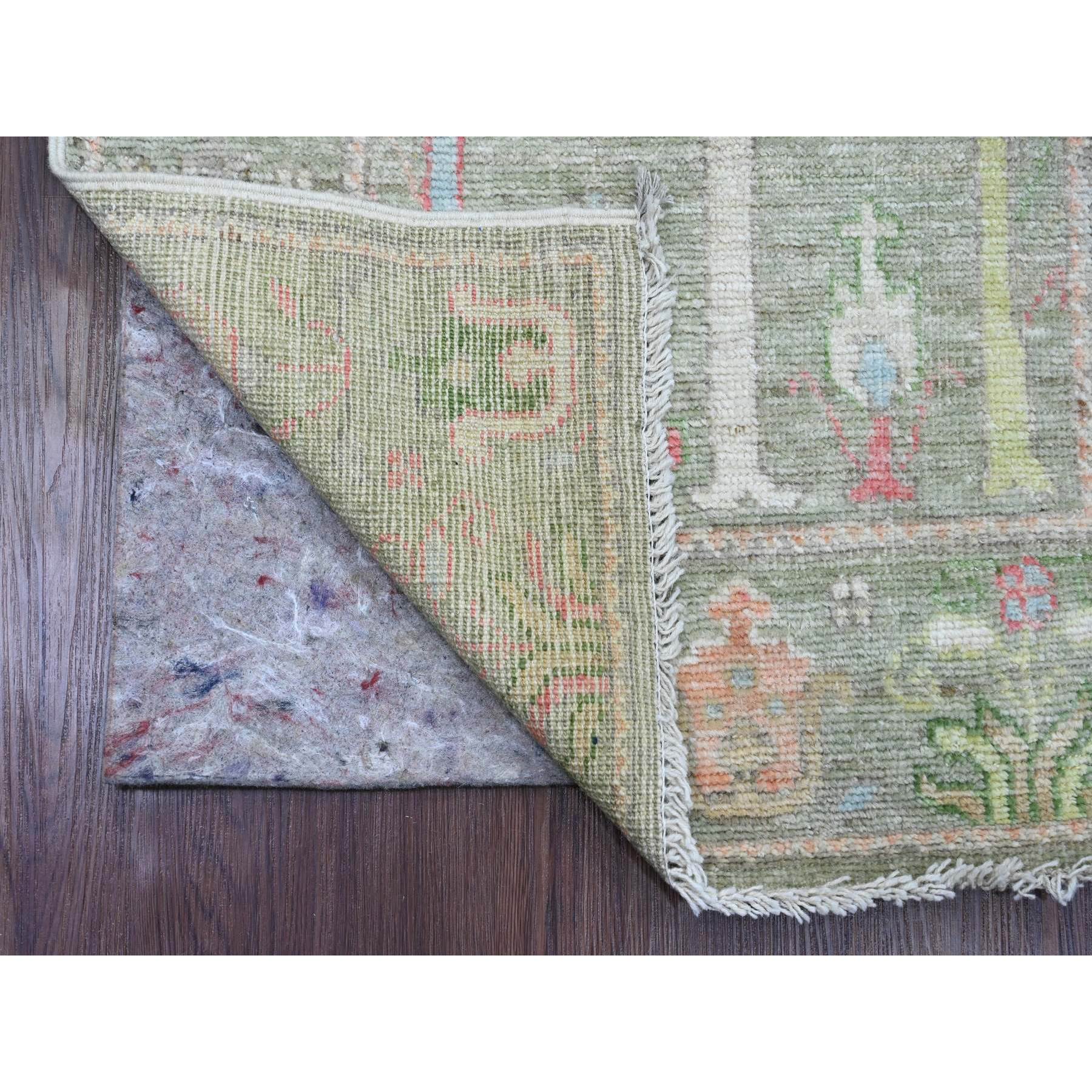 2'8"x10' Laurel Green, Afghan Angora Oushak with Colorful Cypress and Willow Design, Vegetable Dyes, 100% Wool, Hand Knotted, Runner, Oriental Rug Sh89968