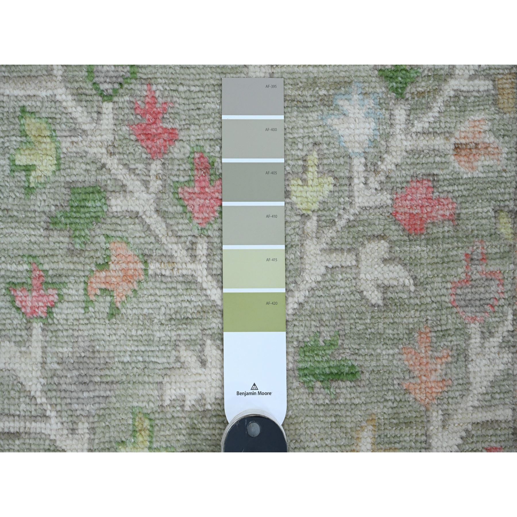 2'8"x10' Laurel Green, Afghan Angora Oushak with Colorful Cypress and Willow Design, Vegetable Dyes, 100% Wool, Hand Knotted, Runner, Oriental Rug Sh89968