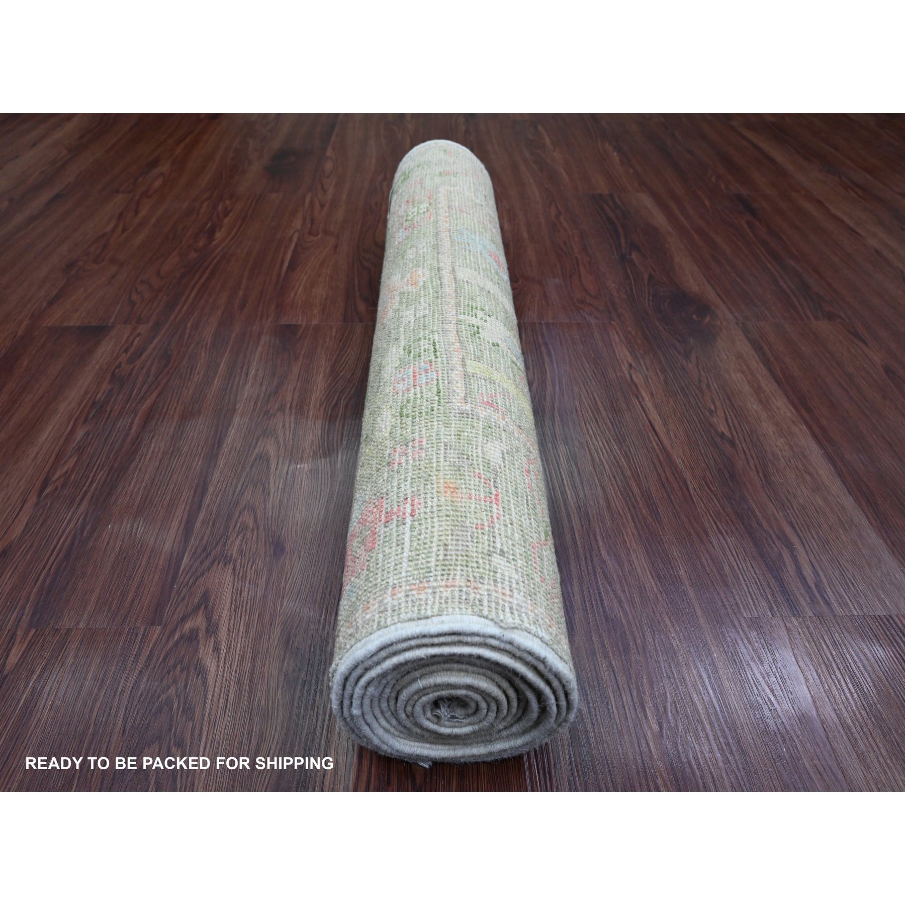 2'8"x10' Laurel Green, Afghan Angora Oushak with Colorful Cypress and Willow Design, Vegetable Dyes, 100% Wool, Hand Knotted, Runner, Oriental Rug Sh89968