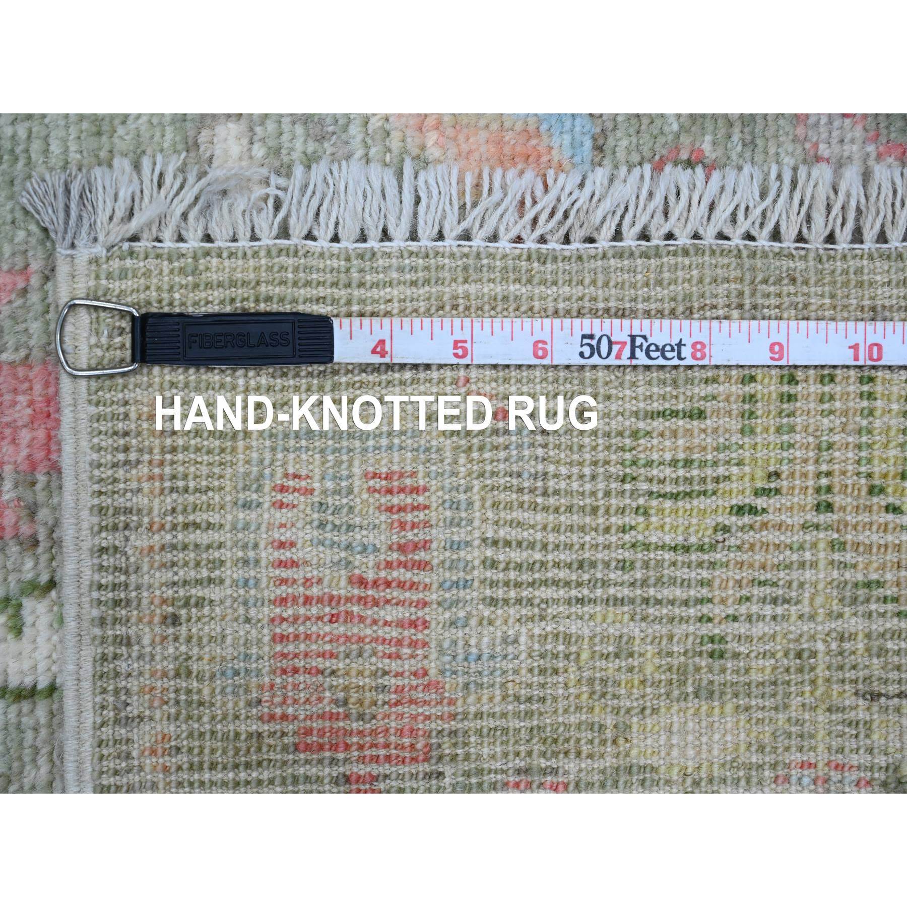 2'8"x10' Laurel Green, Afghan Angora Oushak with Colorful Cypress and Willow Design, Vegetable Dyes, 100% Wool, Hand Knotted, Runner, Oriental Rug Sh89968