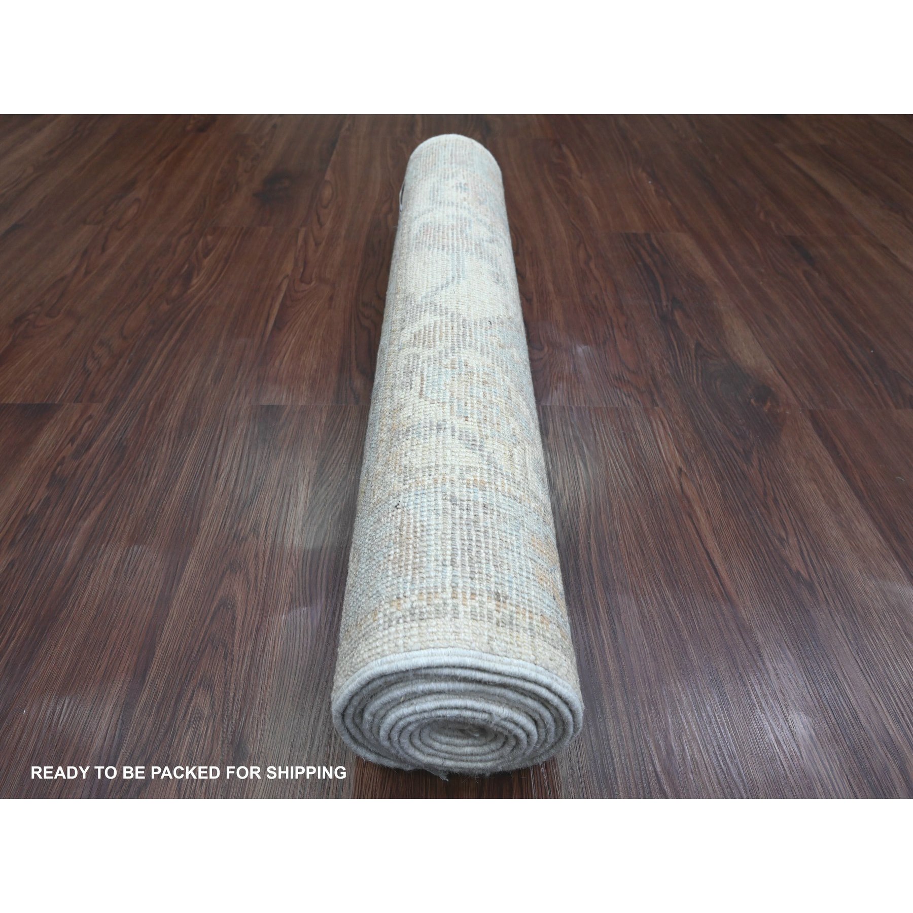 2'9"x9'5" Chiffon White, Afghan Angora Oushak with Soft Color Leaf Design, Vegetable Dyes, 100% Wool, Hand Knotted, Runner, Oriental Rug Sh89969