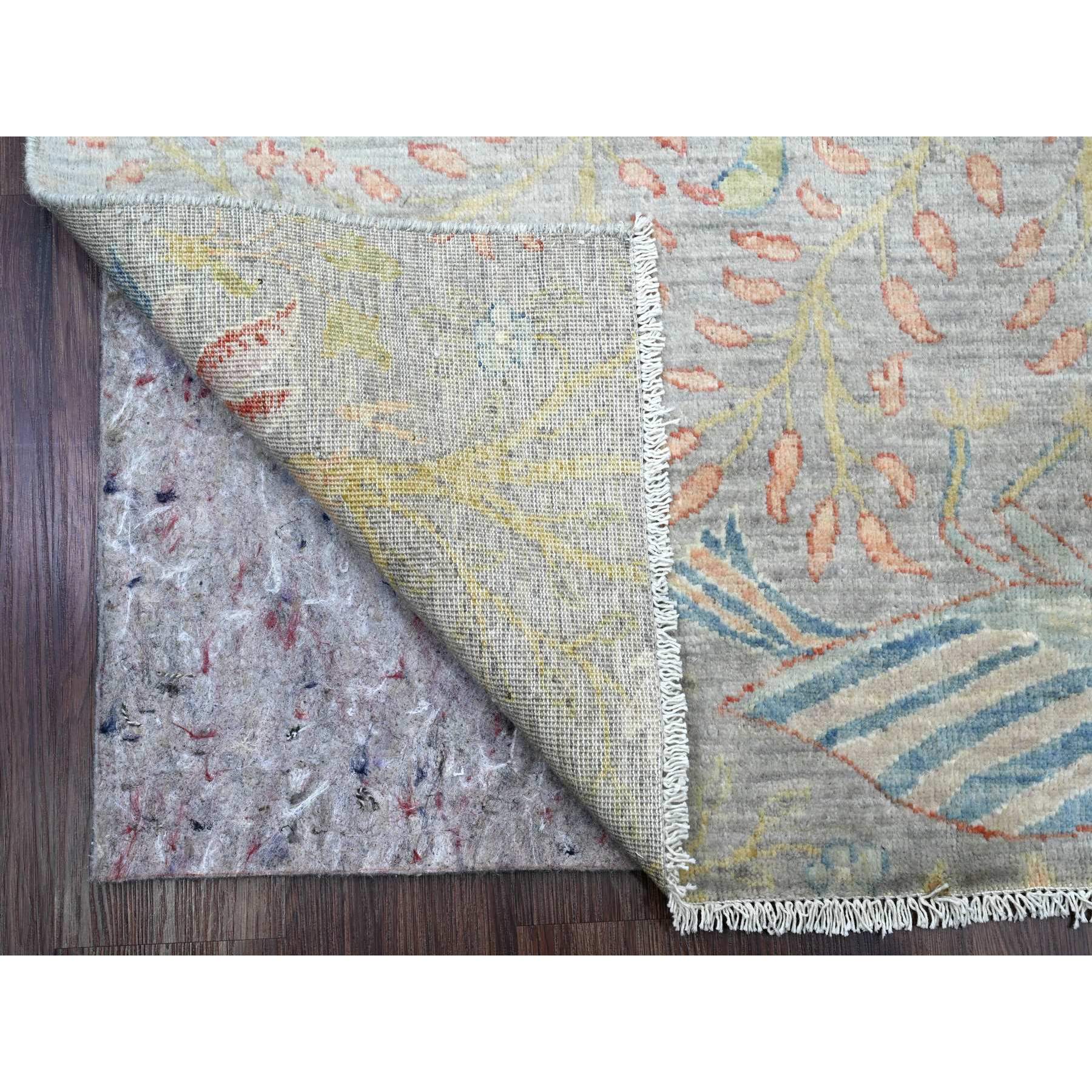 4'x15'9" Misty Gray, Soft Wool, Afghan Peshawar with Birds of Paradise Design, Hand Knotted, Vegetable Dyes, XL Runner, Oriental Rug Sh89977