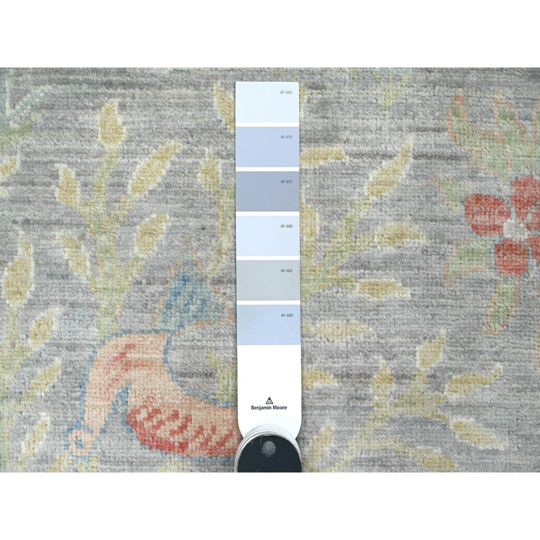 4'x15'9" Misty Gray, Soft Wool, Afghan Peshawar with Birds of Paradise Design, Hand Knotted, Vegetable Dyes, XL Runner, Oriental Rug Sh89977