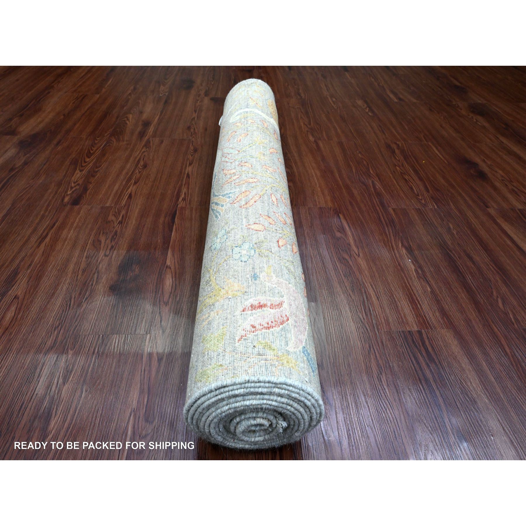 4'x15'9" Misty Gray, Soft Wool, Afghan Peshawar with Birds of Paradise Design, Hand Knotted, Vegetable Dyes, XL Runner, Oriental Rug Sh89977