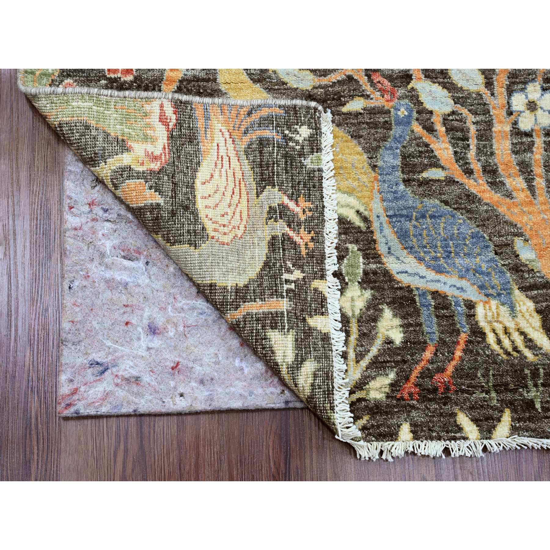 4'x12' Carbon Gray, Afghan Peshawar with Birds of Paradise Design, Hand Knotted, Natural Dyes, Soft and Velvety Wool, Wide Runner, Oriental Rug Sh89980