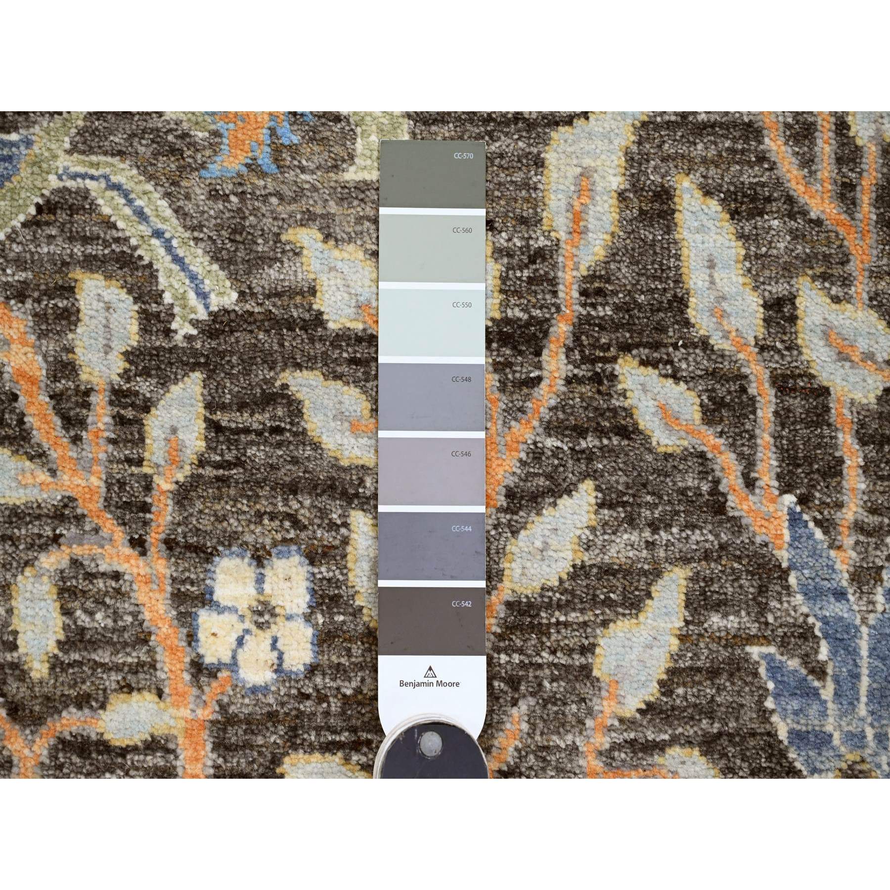 4'x12' Carbon Gray, Afghan Peshawar with Birds of Paradise Design, Hand Knotted, Natural Dyes, Soft and Velvety Wool, Wide Runner, Oriental Rug Sh89980