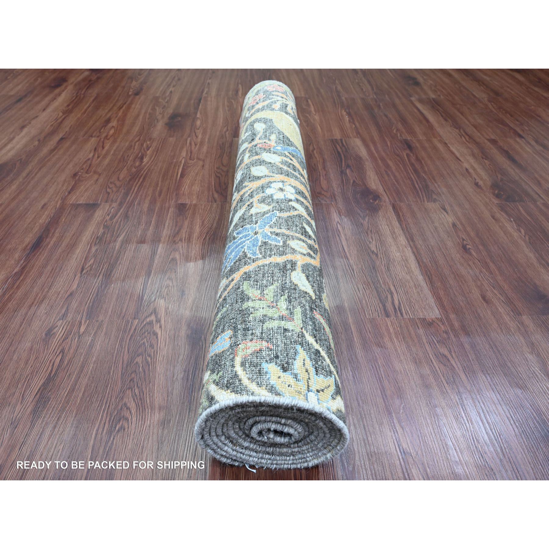 4'x12' Carbon Gray, Afghan Peshawar with Birds of Paradise Design, Hand Knotted, Natural Dyes, Soft and Velvety Wool, Wide Runner, Oriental Rug Sh89980
