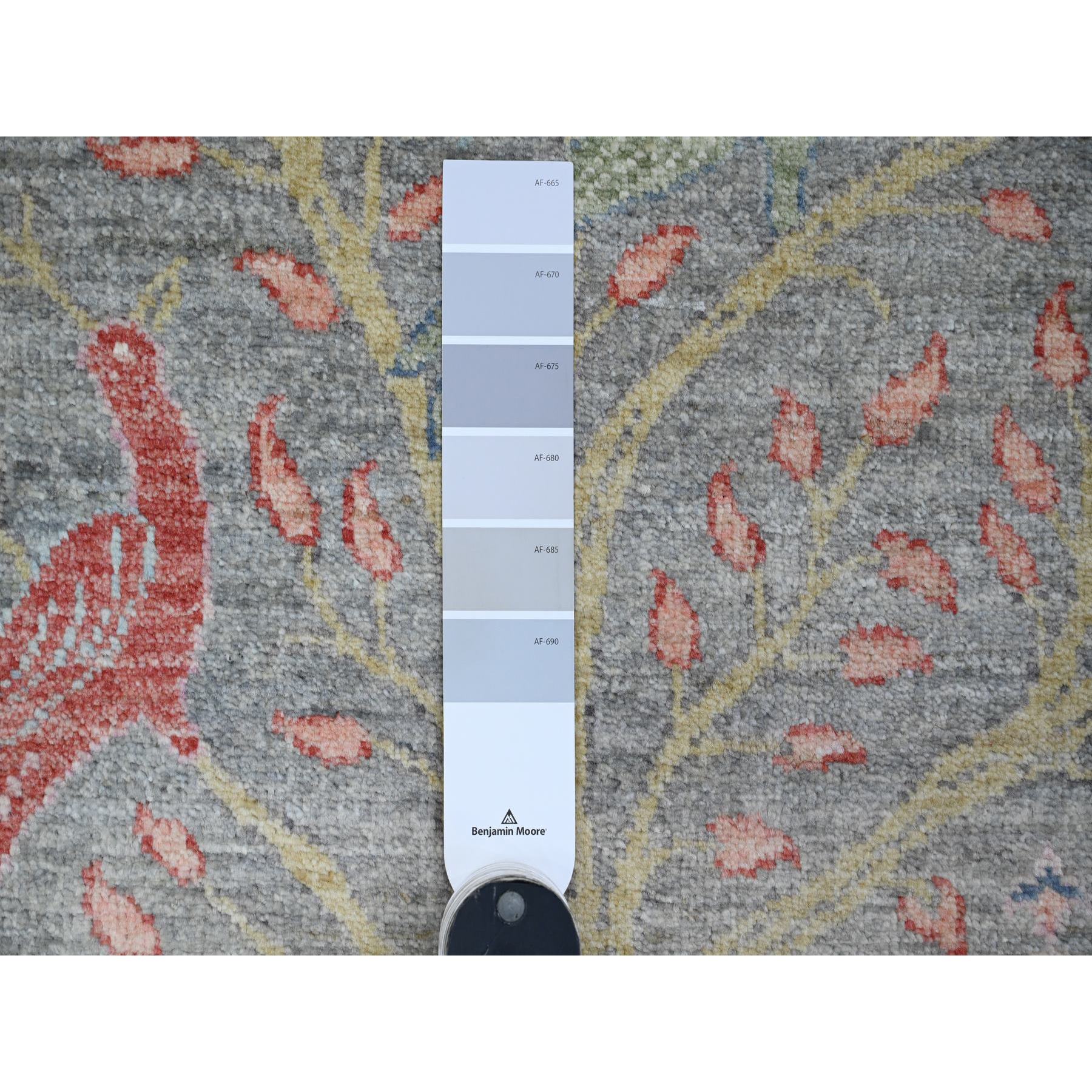 4'x12'1" Jet Gray, Hand Knotted, Afghan Peshawar with Birds of Paradise Design, Soft Wool, Vegetable Dyes, Wide Runner, Oriental Rug Sh89981