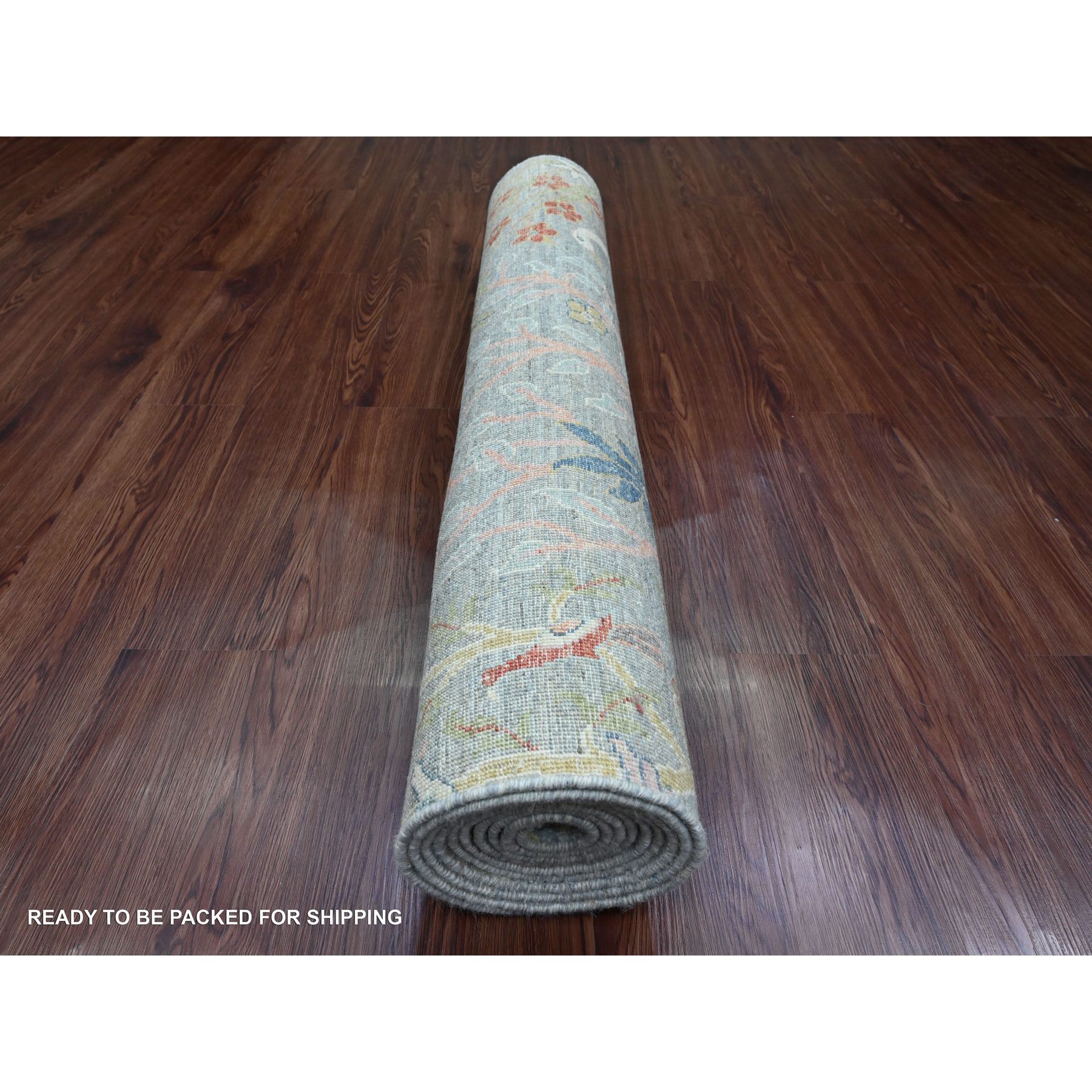 4'x12'1" Jet Gray, Hand Knotted, Afghan Peshawar with Birds of Paradise Design, Soft Wool, Vegetable Dyes, Wide Runner, Oriental Rug Sh89981