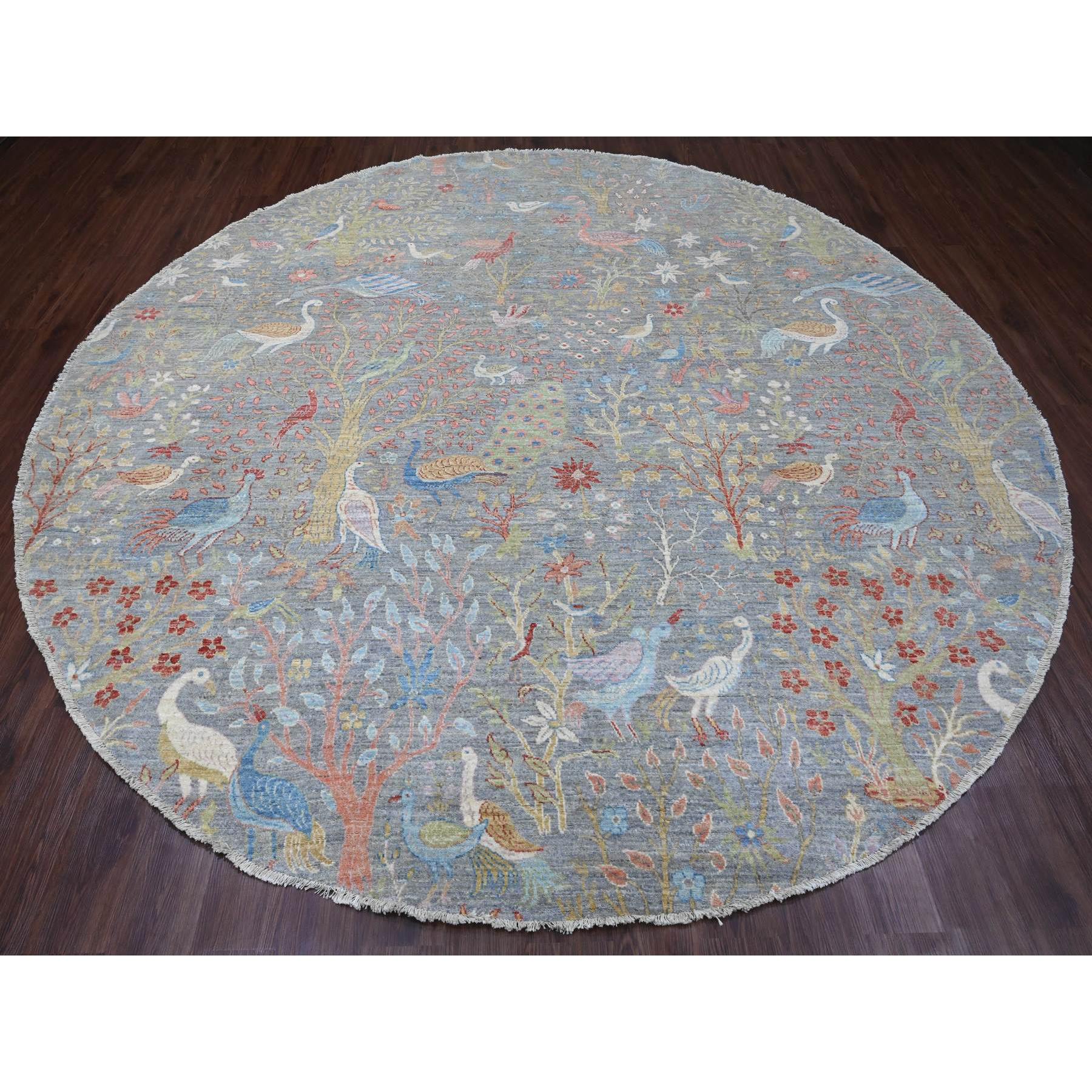 10'1"x10'1" Spanish Gray, Afghan Peshawar with Birds of Paradise Design, Hand Knotted, Soft Wool, Vegetable Dyes, Round, Oriental Rug Sh89983