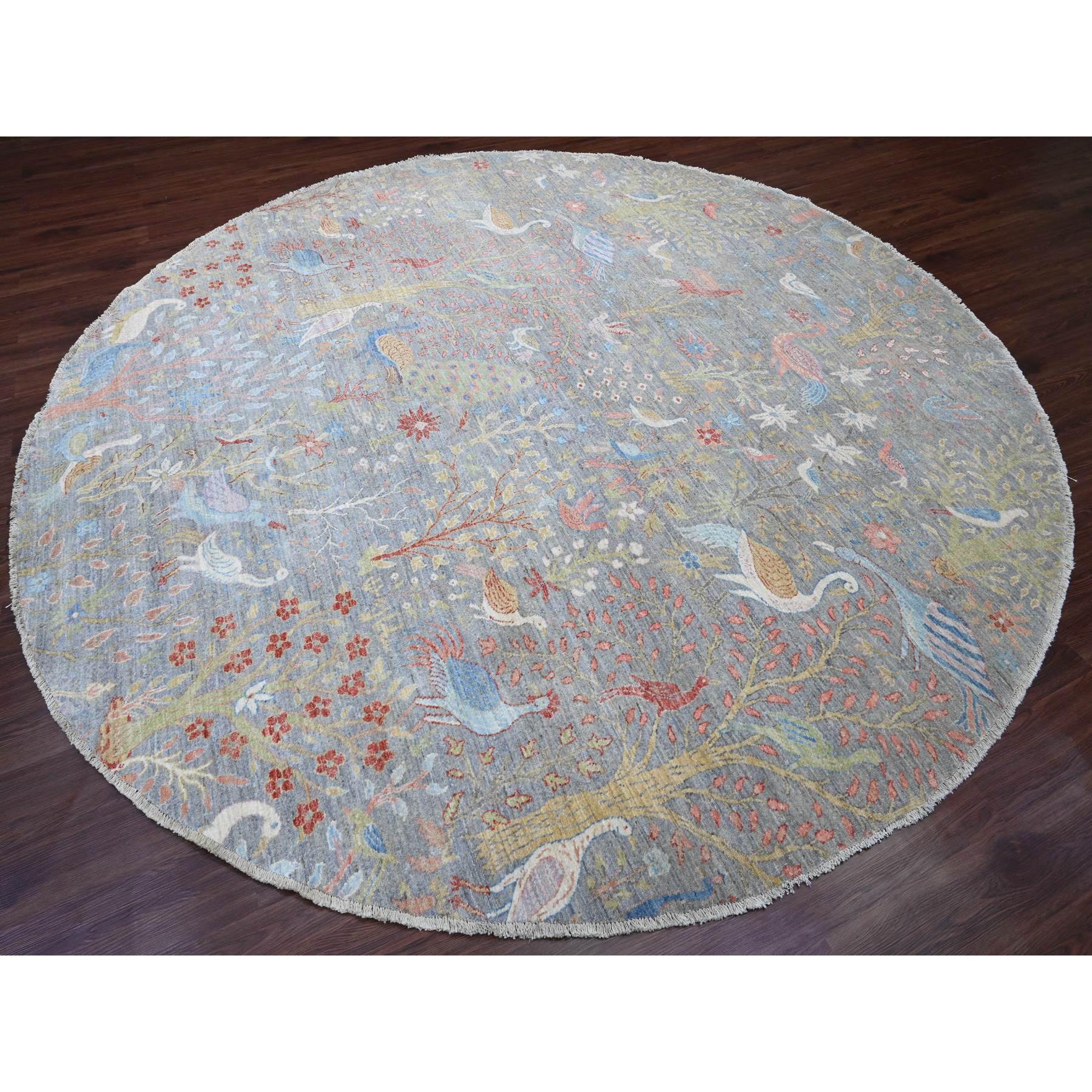 10'1"x10'1" Spanish Gray, Afghan Peshawar with Birds of Paradise Design, Hand Knotted, Soft Wool, Vegetable Dyes, Round, Oriental Rug Sh89983