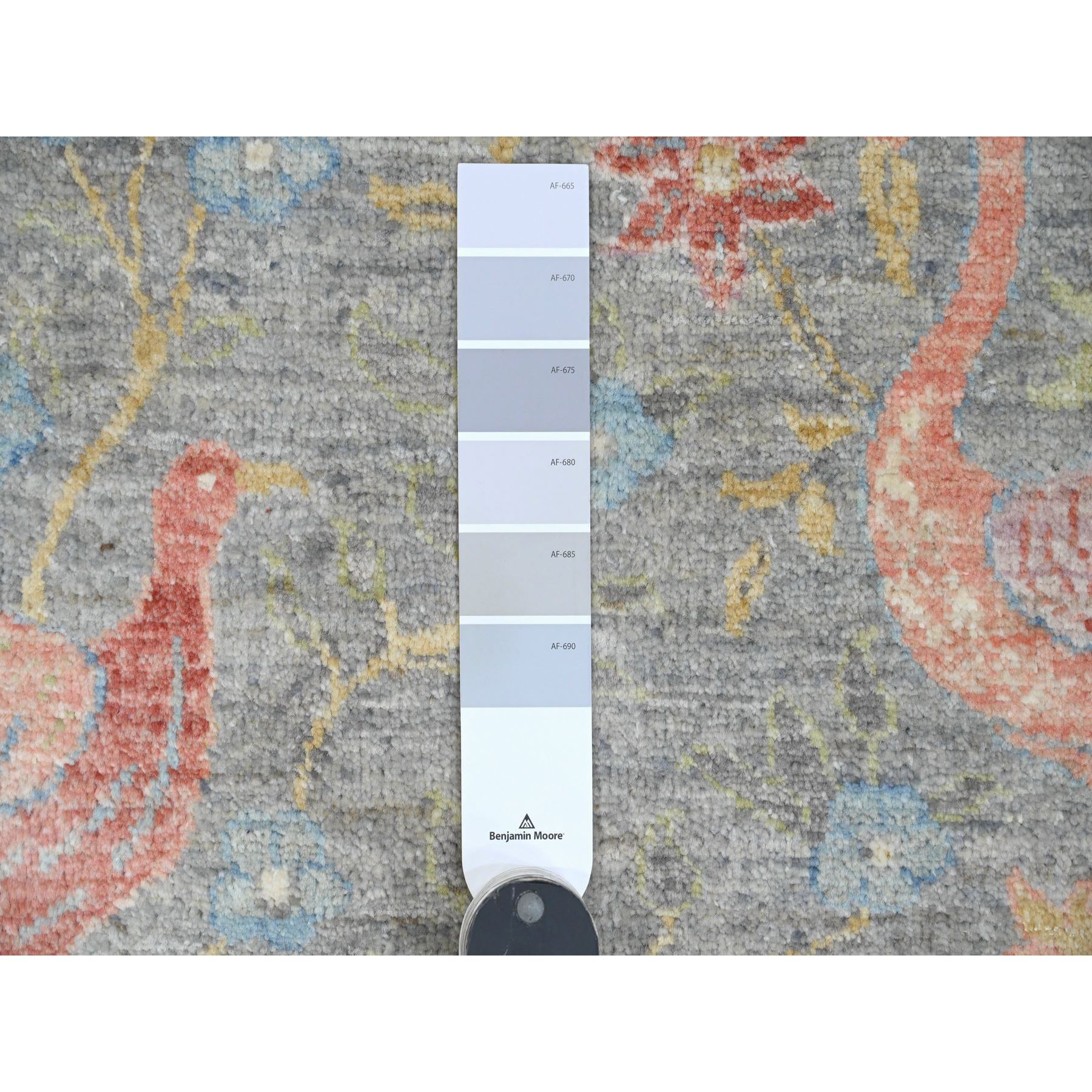 10'1"x10'1" Spanish Gray, Afghan Peshawar with Birds of Paradise Design, Hand Knotted, Soft Wool, Vegetable Dyes, Round, Oriental Rug Sh89983