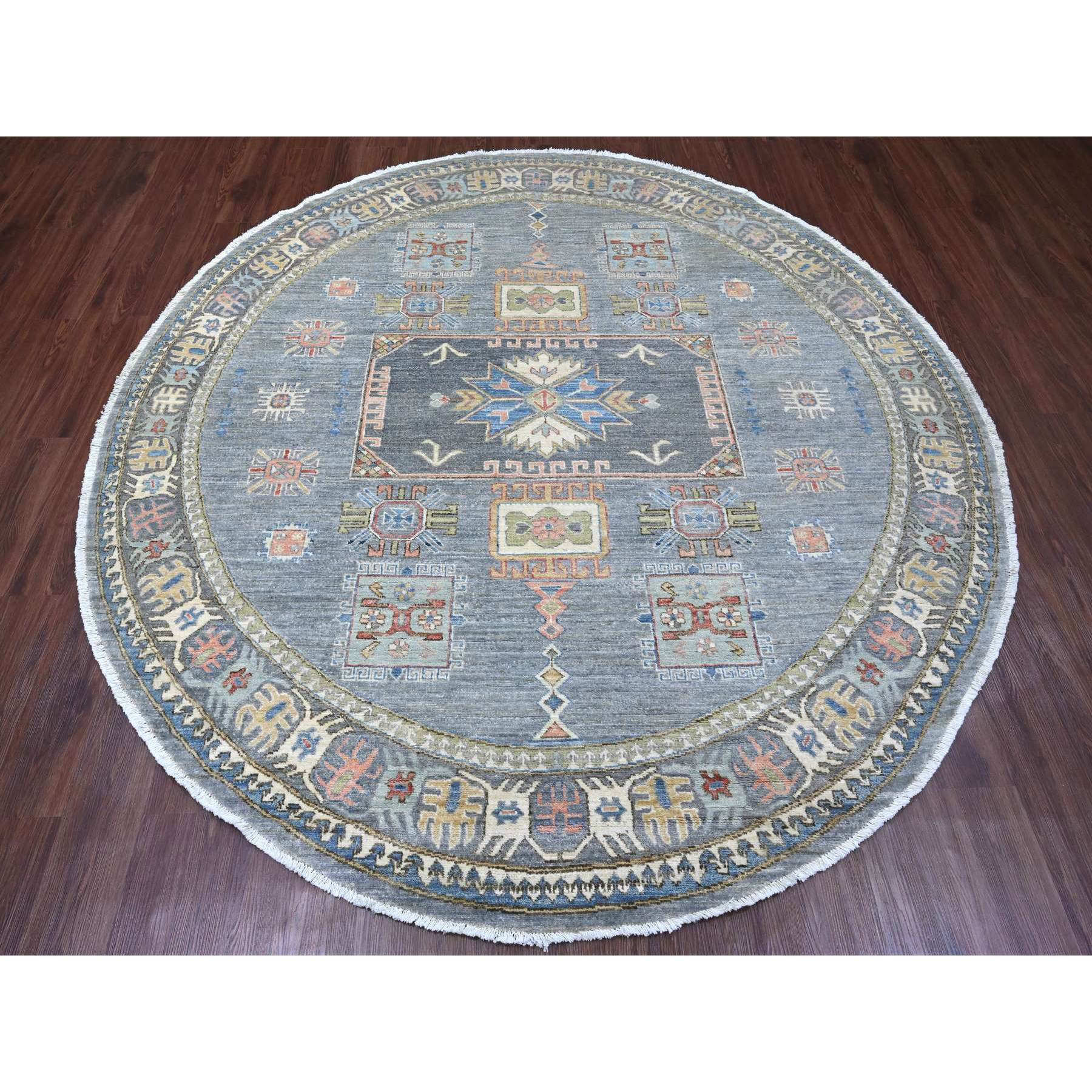 8'x8' Misty Gray, Peshawar with Antique Caucasian Influence Design, Hand Knotted, 100% Wool, Densely Woven, Round, Oriental Rug Sh89997