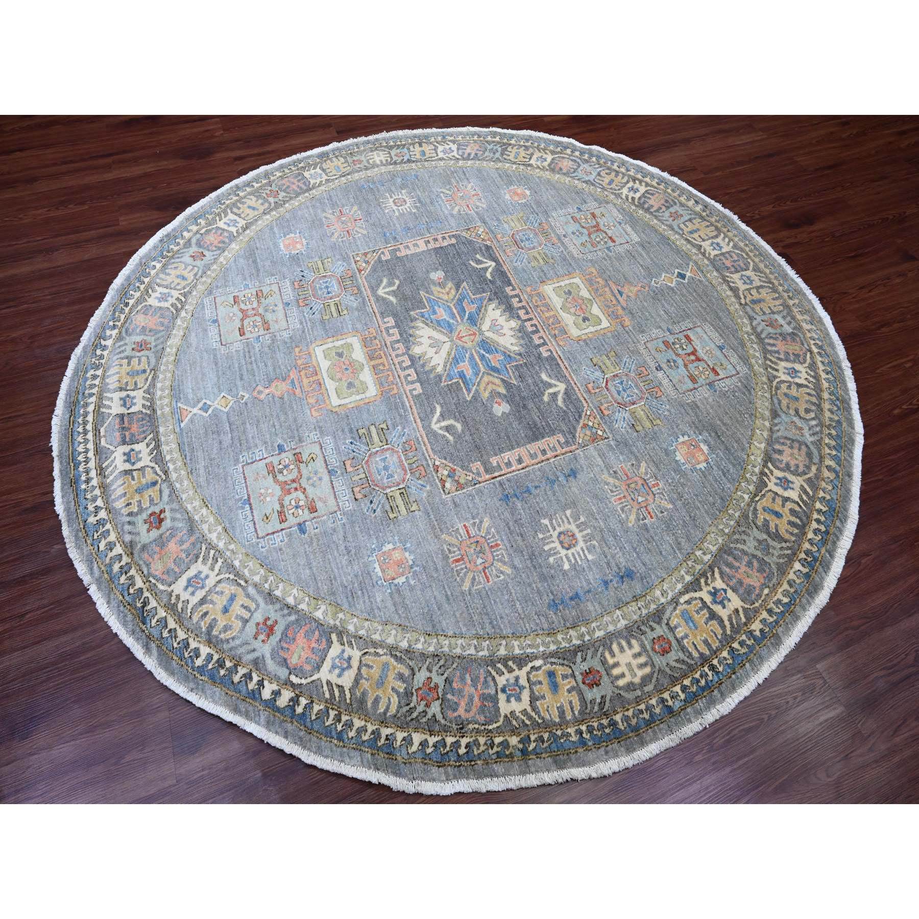 8'x8' Misty Gray, Peshawar with Antique Caucasian Influence Design, Hand Knotted, 100% Wool, Densely Woven, Round, Oriental Rug Sh89997