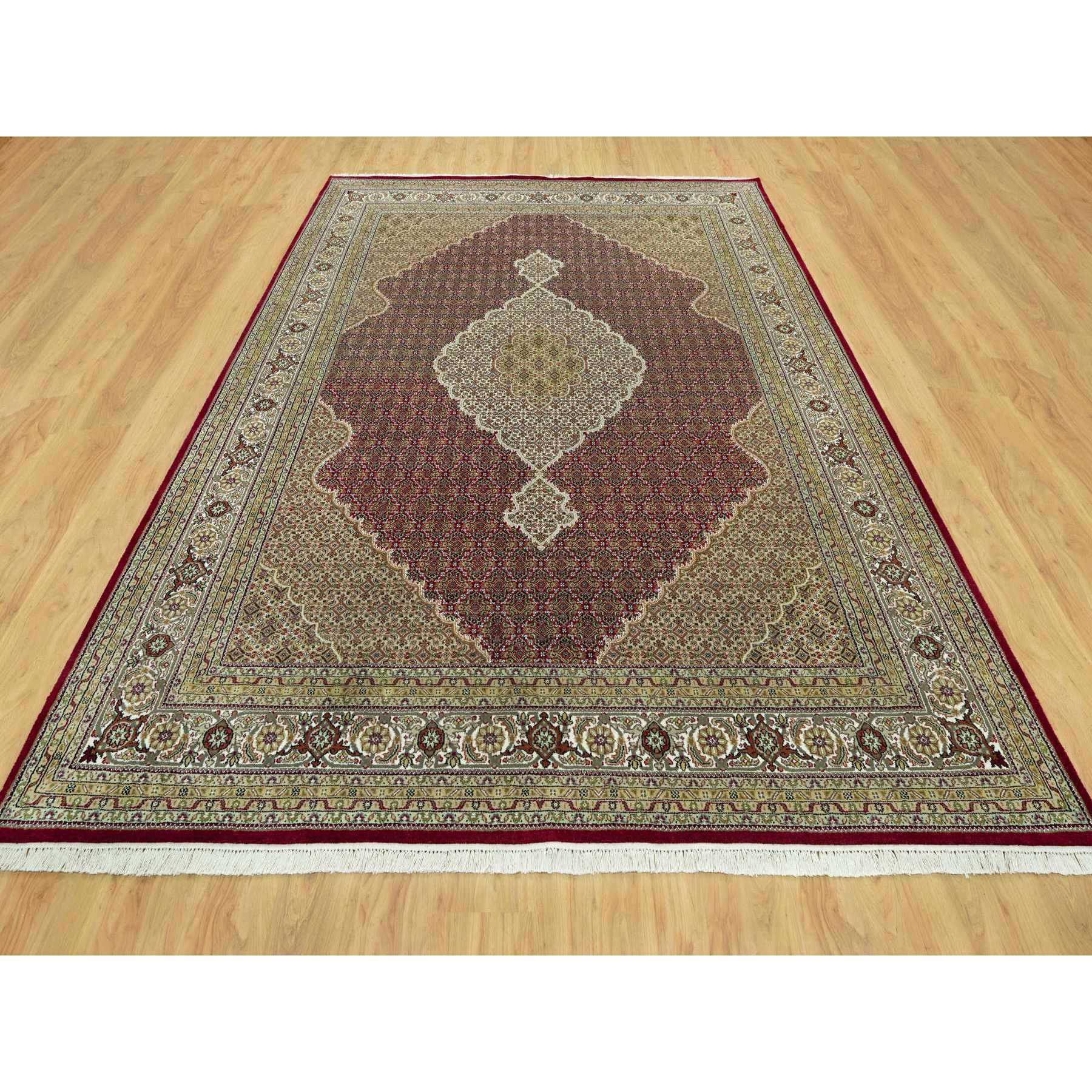 9'x12' Rasberry Red With Super White, Hand Knotted Tabriz Mahi, Denser Weave Fish Medallion Design, Extra Soft Wool, Oriental Rug Sh90582