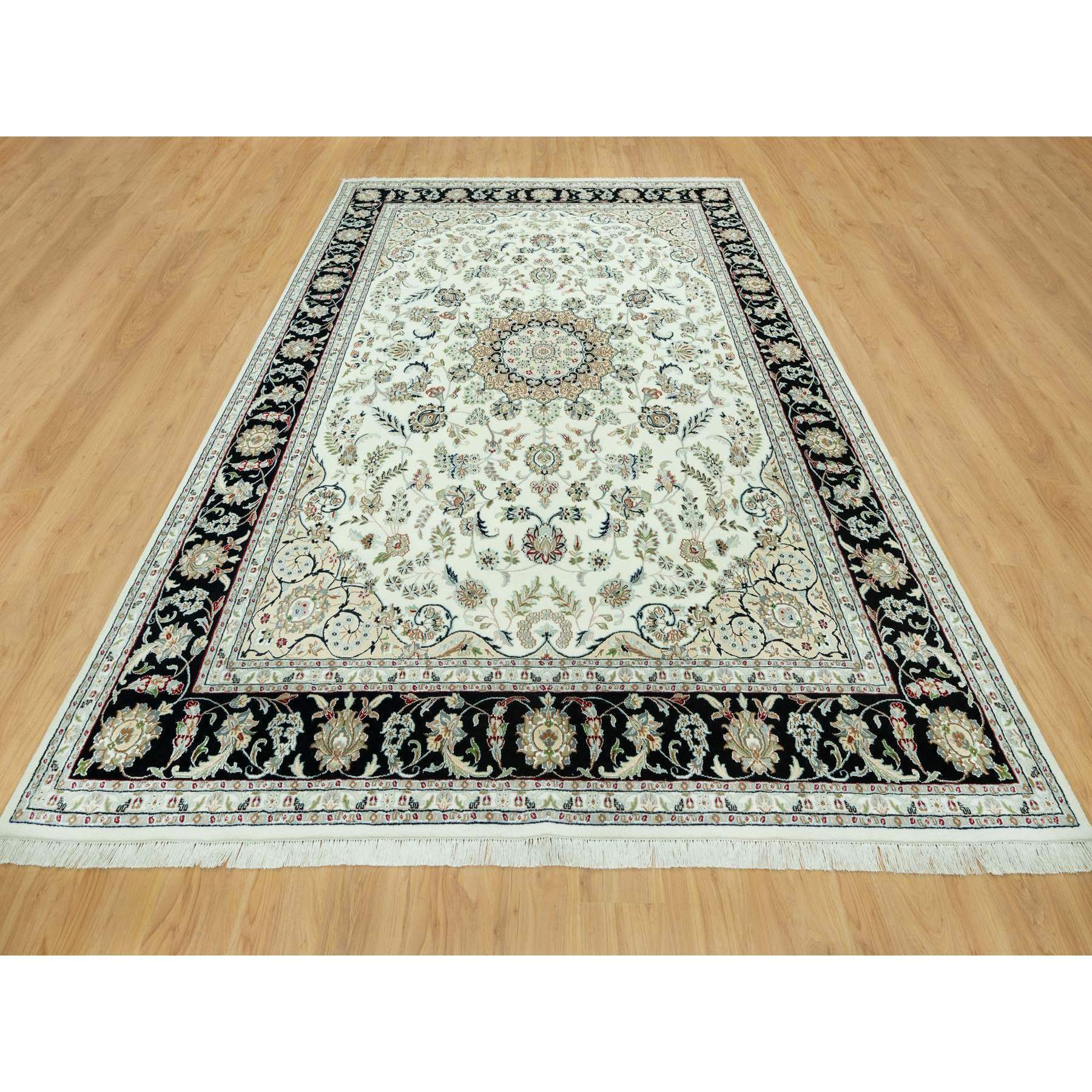 9'x12'2" Snowbound White and Naval Blue, Hand Knotted Densely Woven Nain 250 KPSI Center Medallion Flower Design, 100% Wool, Oriental Rug Sh90585