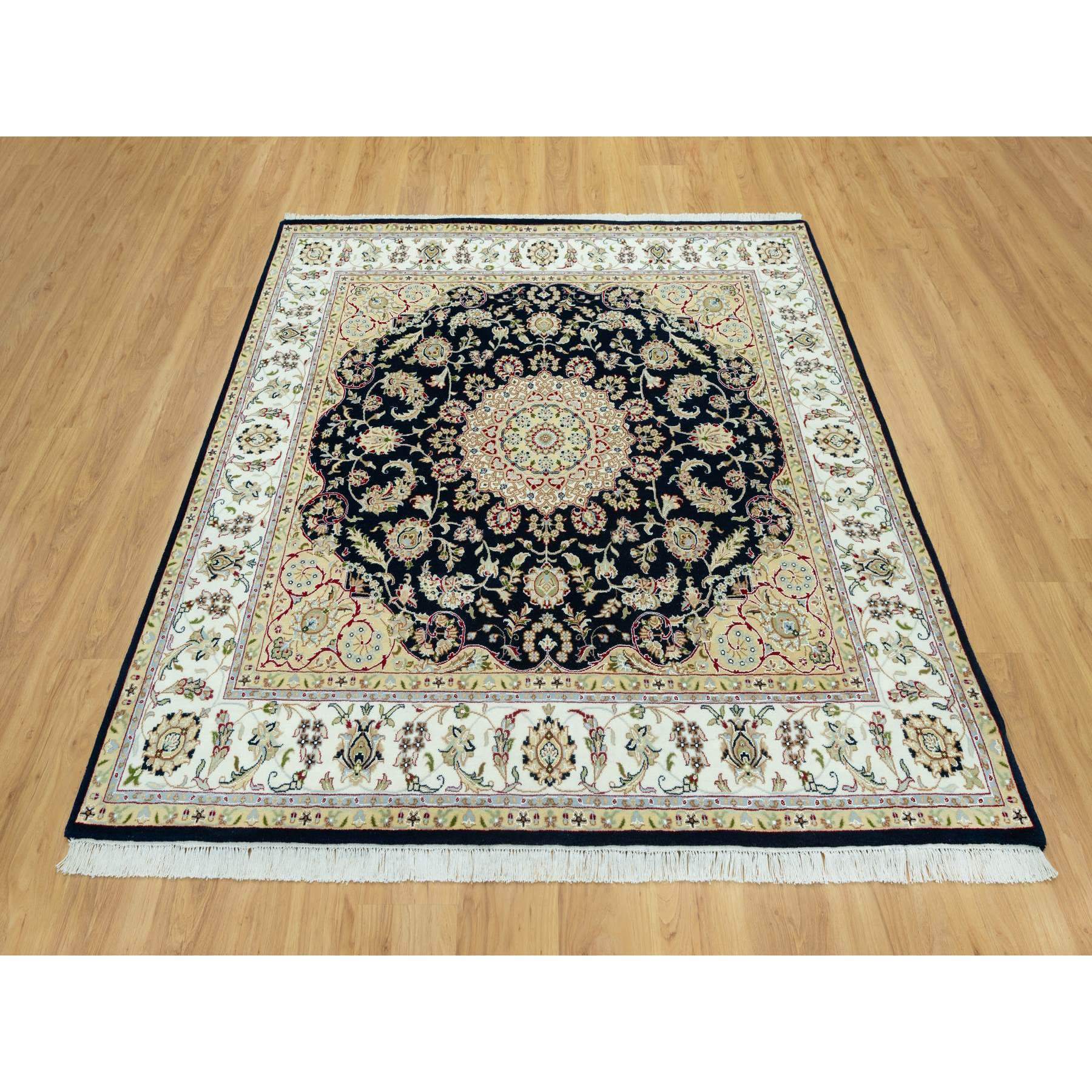 7'x7' Broncos Blue With Dove White, Nain Central Medallion Flower Design, 250 KPSI, Soft Wool, Hand Knotted, Oriental Square Rug Sh90593