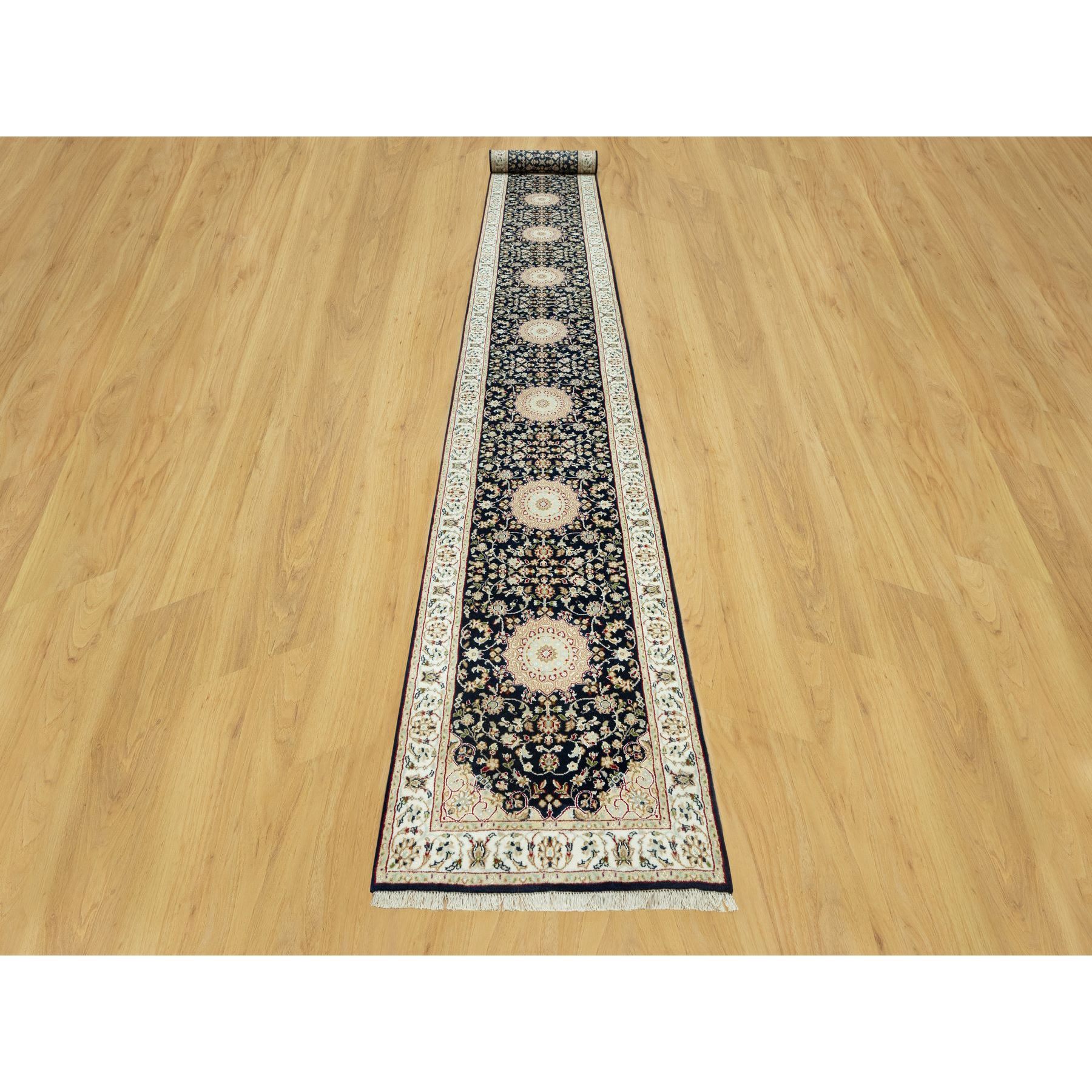 2'9"x20'1" Dallas Cowboys Blue, 250 KPSI, Hand Knotted Central Medallion Flower Design Nain 100% Wool, XL Runner Oriental Rug Sh90610