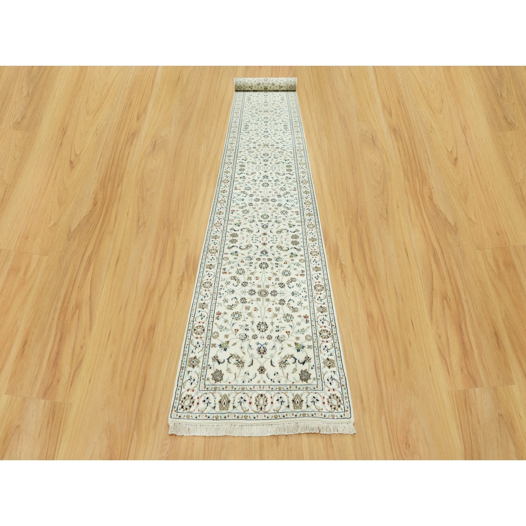 2'10"x19'10" Origami White, 250 KPSI Hand Knotted Nain Design, All Over Floral Motifs, Densely Woven, Shiny Wool XL Runner Oriental Rug Sh90614