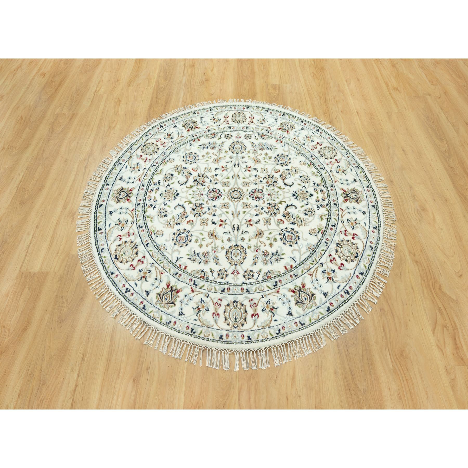 5'x5' Chantilly Lace White, All Over Floral Design Nain, Hand Knotted 250 KPSI, Organic Wool, Denser Weave Oriental Round Rug Sh90621