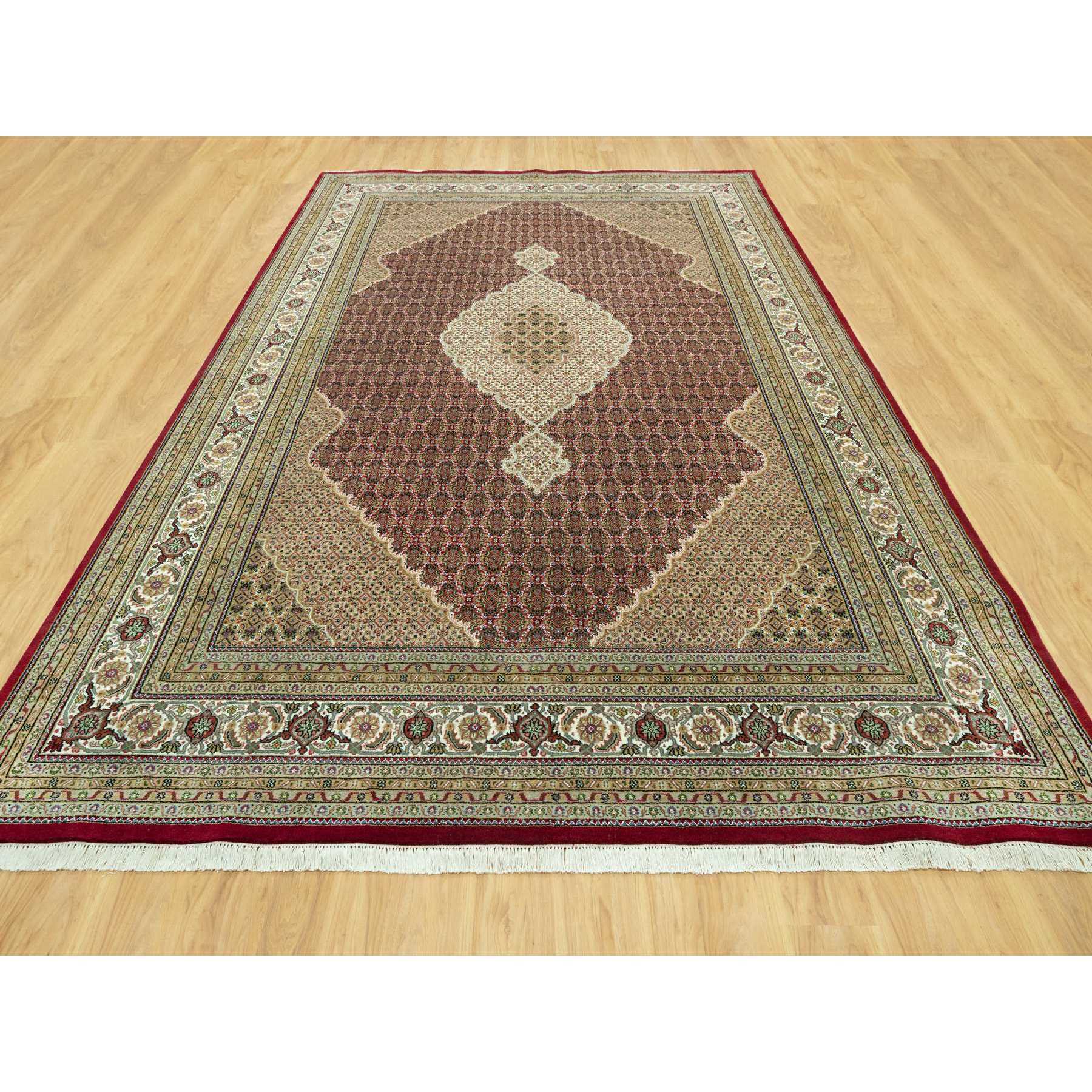10'x14'3" Crabby Apple Red, Shiny Wool, Tabriz with Hand Knotted Center Fish Motif, Densely Woven All Over Mahi Design, Oriental Rug Sh90623