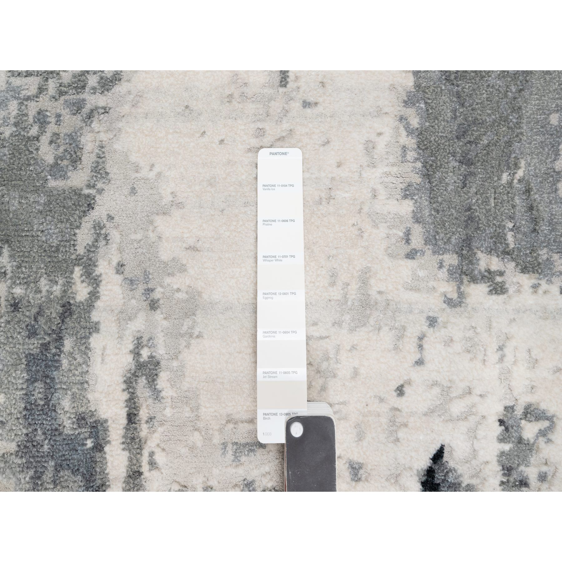 2'6"x8' Charcoal Black with Pearl White, Abstract Design, Hand Knotted, Soft to Touch, Wool and Silk, Runner Oriental Rug Sh90810