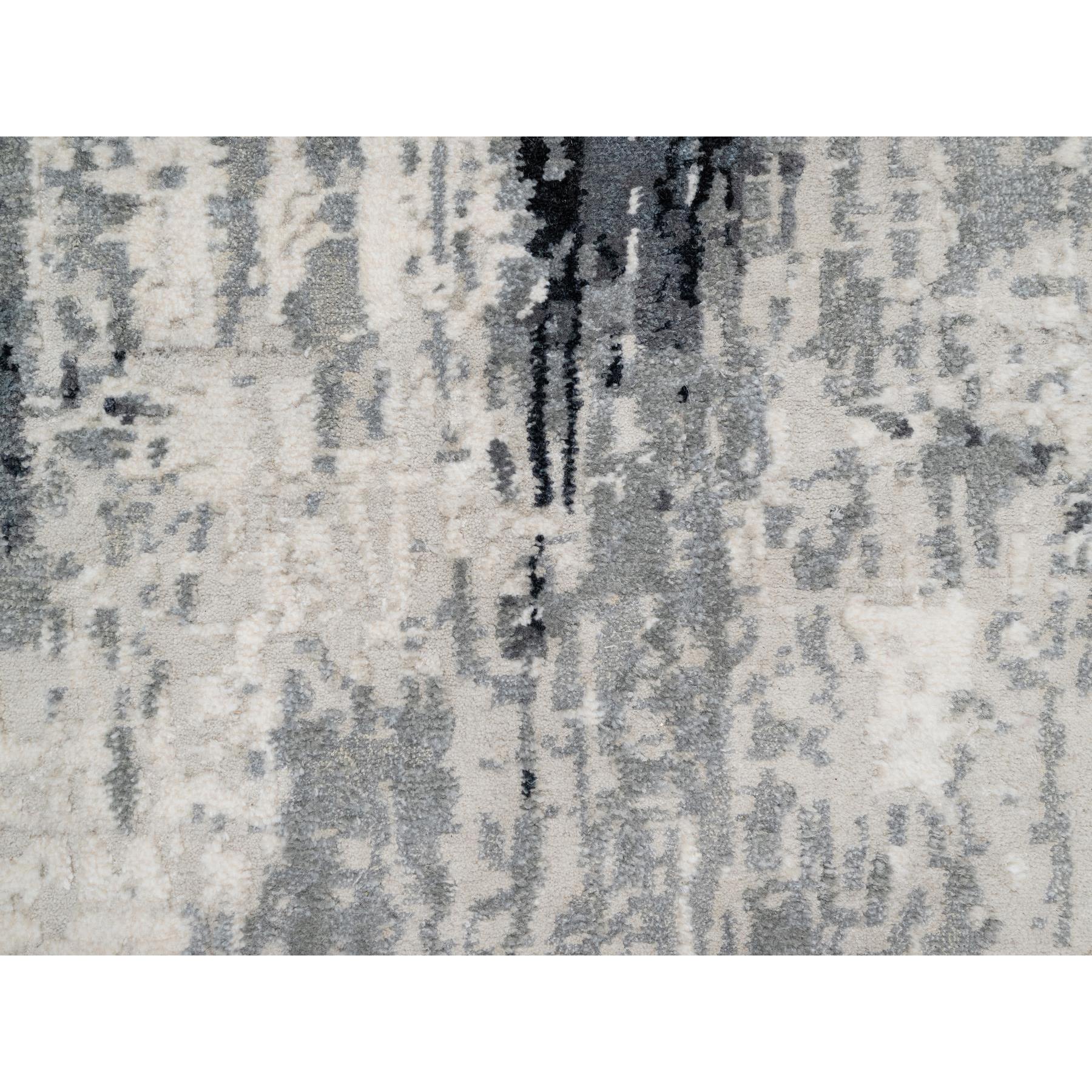 2'6"x8' Charcoal Black with Pearl White, Abstract Design, Hand Knotted, Soft to Touch, Wool and Silk, Runner Oriental Rug Sh90810