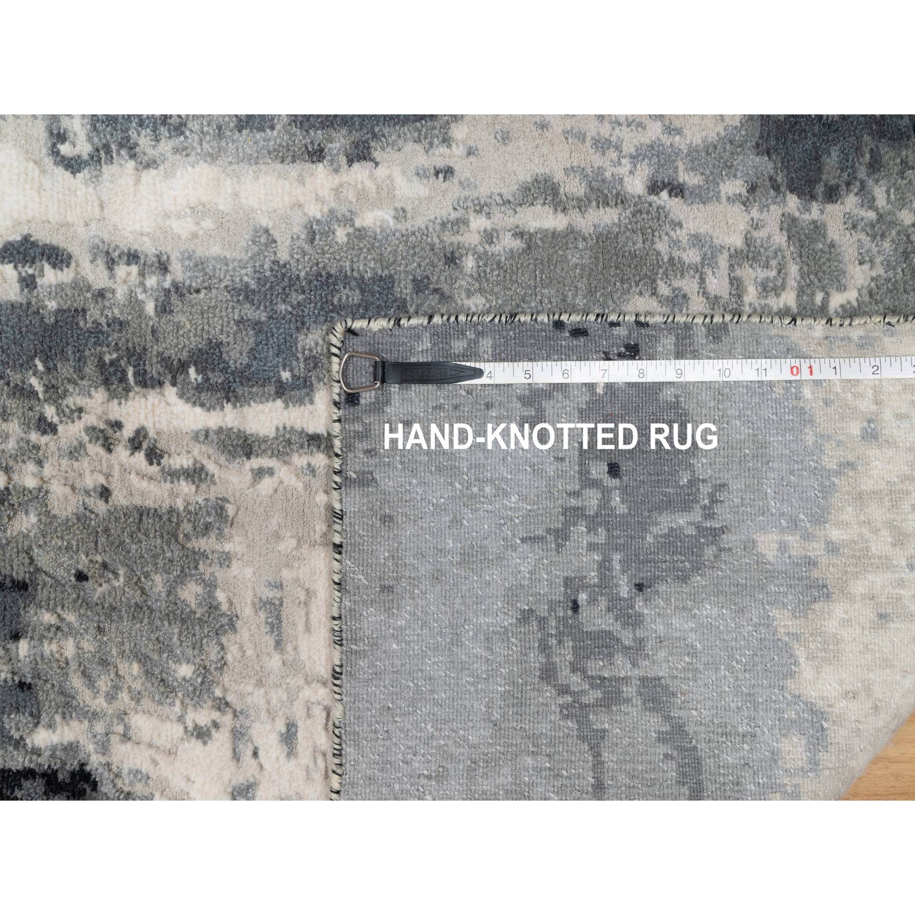 2'6"x8' Charcoal Black with Pearl White, Abstract Design, Hand Knotted, Soft to Touch, Wool and Silk, Runner Oriental Rug Sh90810