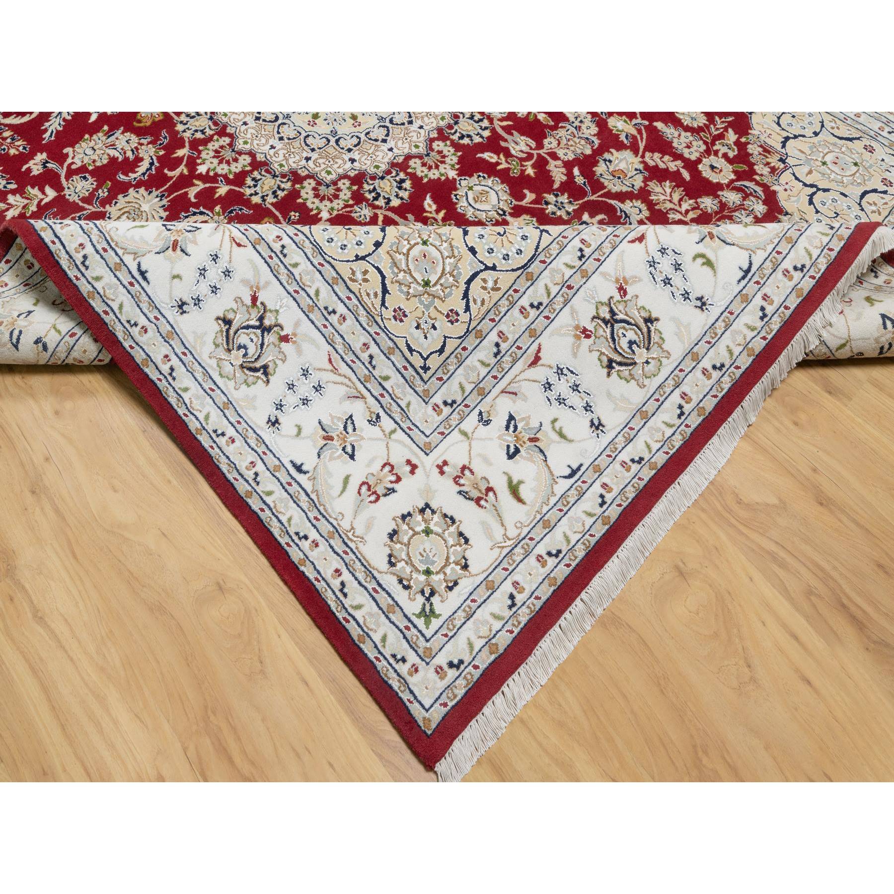 7'10"x10'3" Falu Red, Wool and Silk, 250 KPSI, Nain with Center Medallion Flower Design, Hand Knotted, Oriental Rug Sh90854