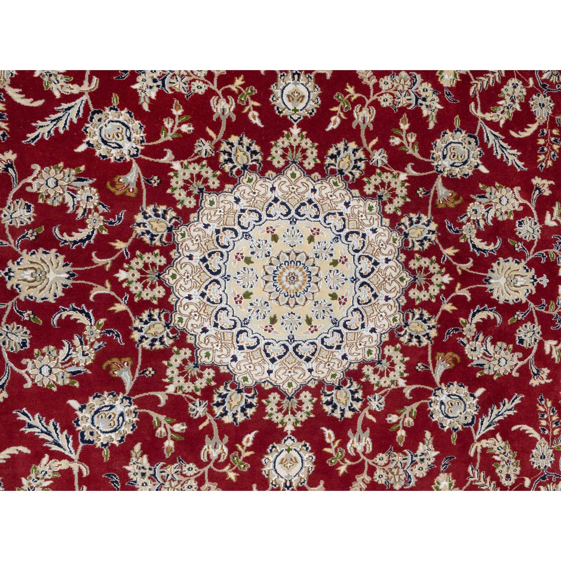 7'10"x10'3" Falu Red, Wool and Silk, 250 KPSI, Nain with Center Medallion Flower Design, Hand Knotted, Oriental Rug Sh90854