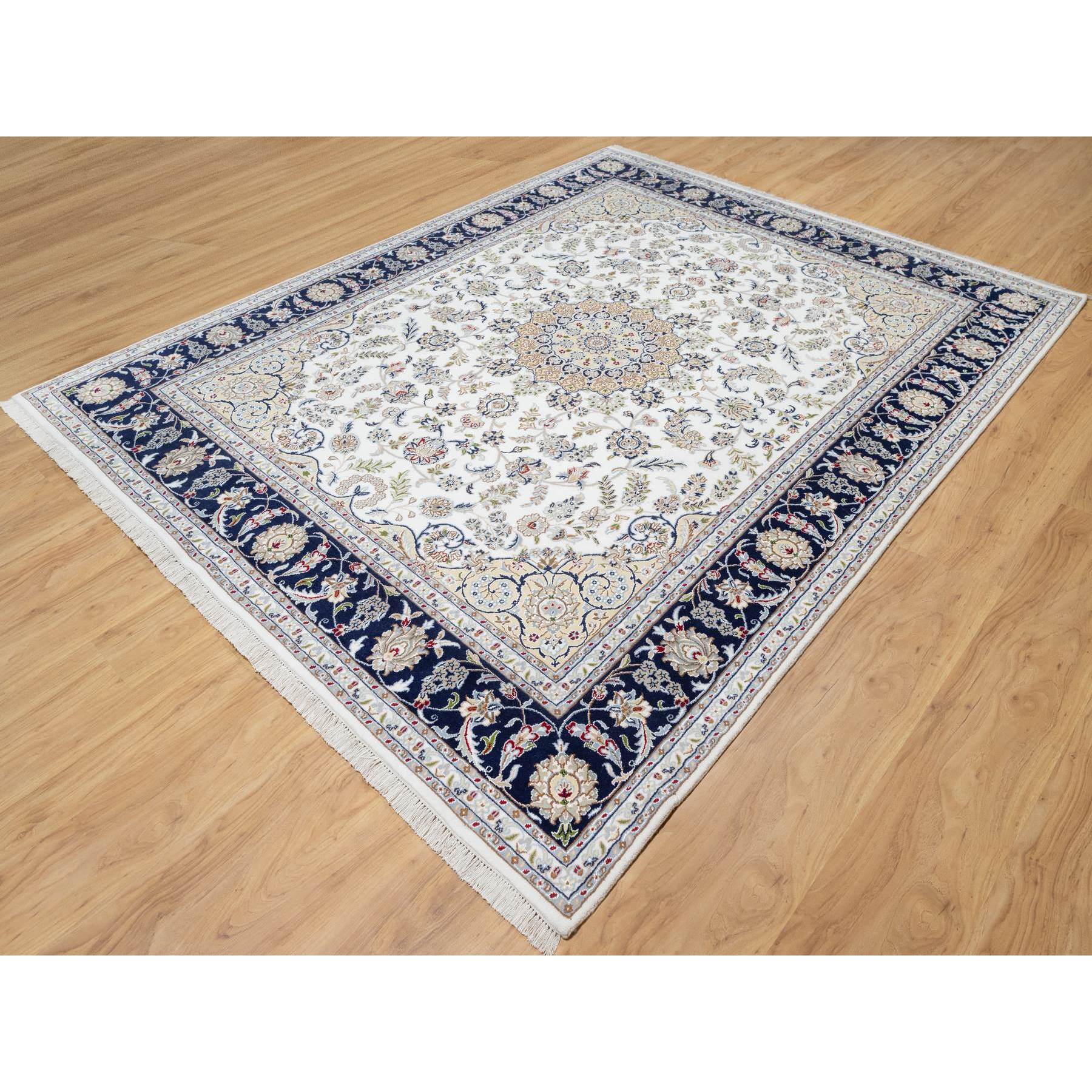 7'10"x10'1" Stone White, Nain with Center Medallion Flower Design, 250 KPSI, Super Fine Weave, Wool and Silk, Hand Knotted, Oriental Rug Sh90868