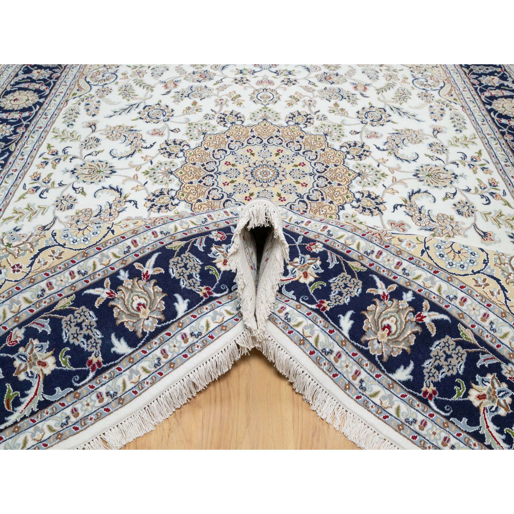 7'10"x10'1" Stone White, Nain with Center Medallion Flower Design, 250 KPSI, Super Fine Weave, Wool and Silk, Hand Knotted, Oriental Rug Sh90868