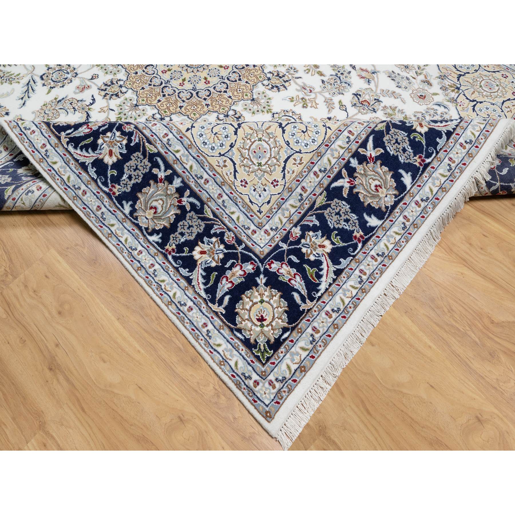 7'10"x10'1" Stone White, Nain with Center Medallion Flower Design, 250 KPSI, Super Fine Weave, Wool and Silk, Hand Knotted, Oriental Rug Sh90868