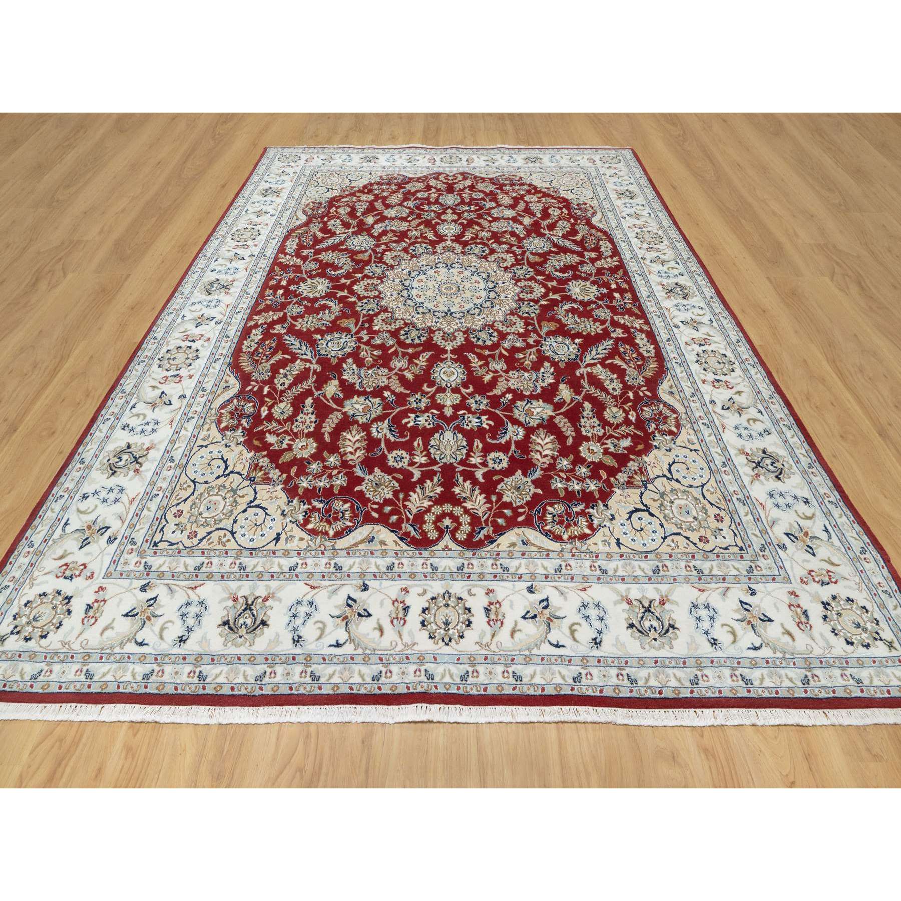 8'9"x12' Falu Red, Nain with Center Medallion Flower Design, Hand Knotted, Wool and Silk, 250 KPSI, Oriental Rug Sh90869