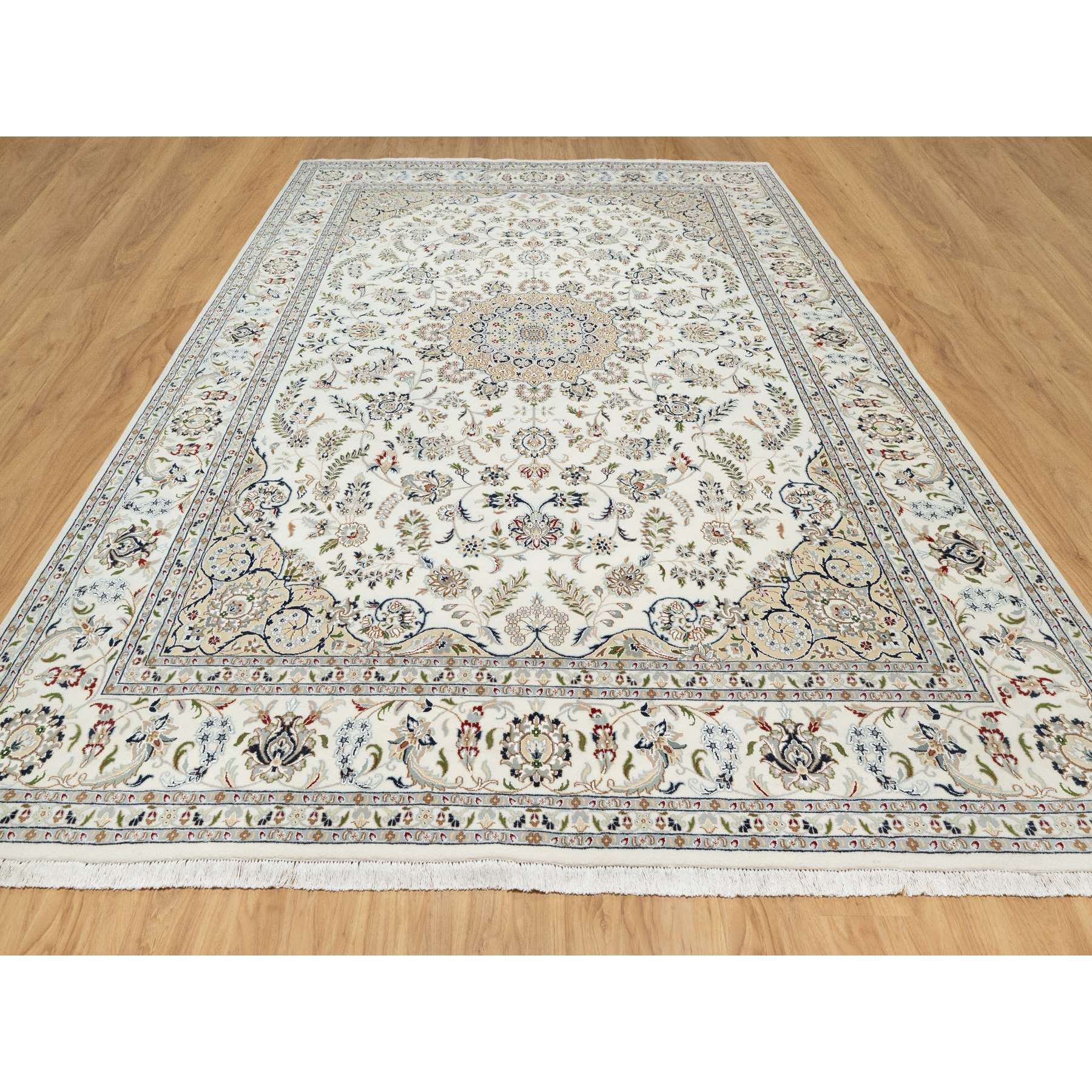 9'9"x13'9" Spring White, 250 KPSI, Nain with Center Motif Flower Design, Wool and Silk, Hand Knotted, Oriental Rug Sh90871