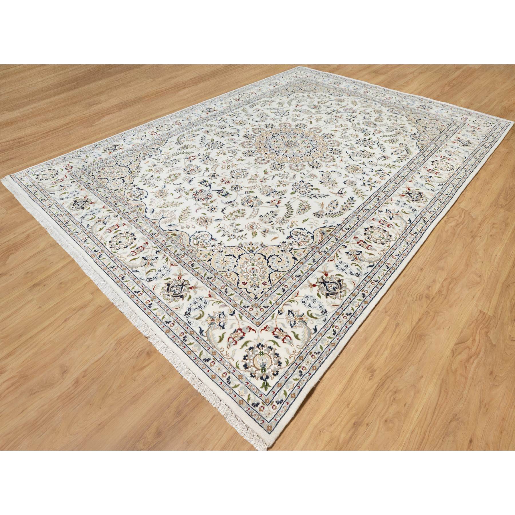 9'9"x13'9" Spring White, 250 KPSI, Nain with Center Motif Flower Design, Wool and Silk, Hand Knotted, Oriental Rug Sh90871