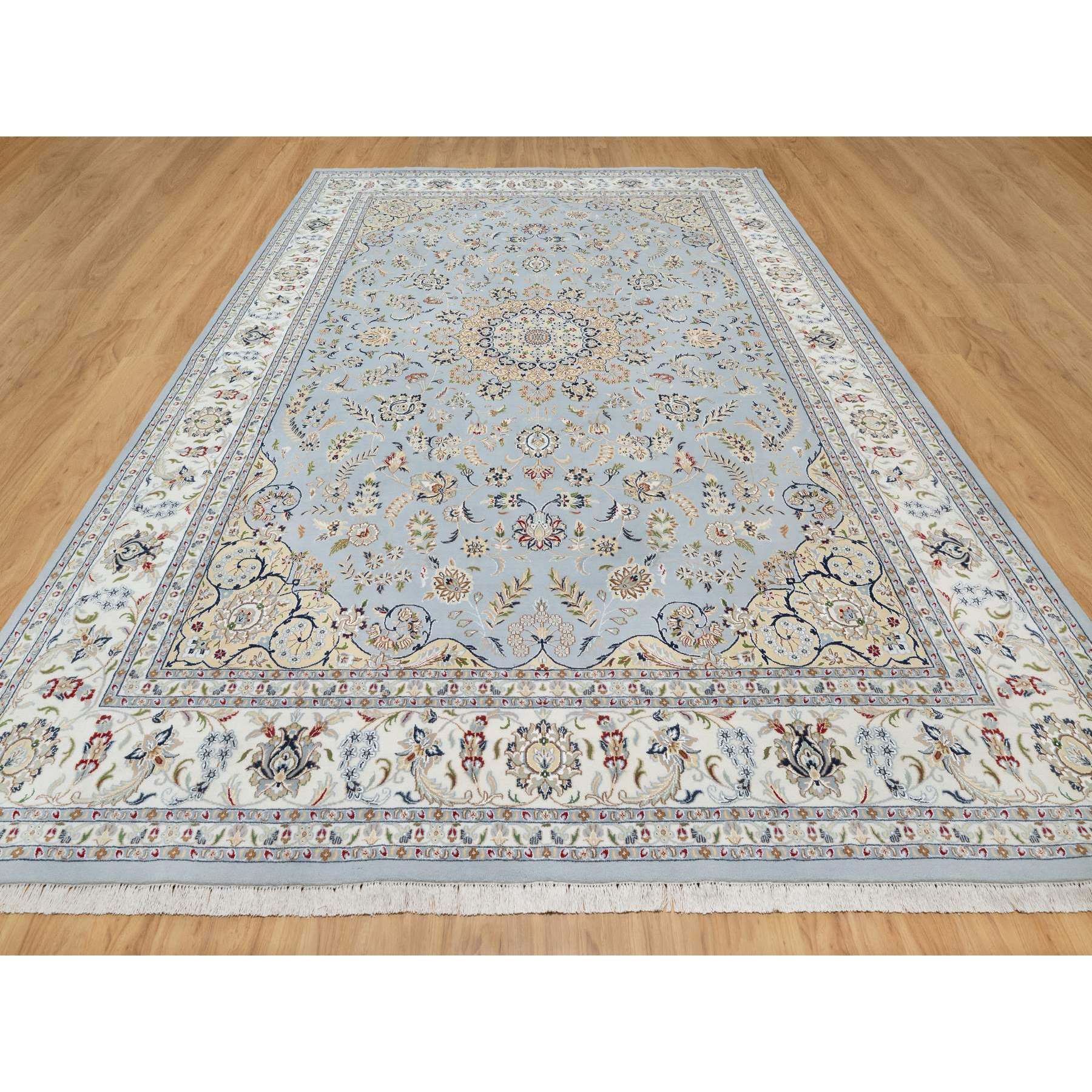 9'9"x14'3" Beau Blue, Wool and Silk, Hand Knotted, Nain with Large Center Medallion, 250 KPSI, Oriental Rug Sh90872