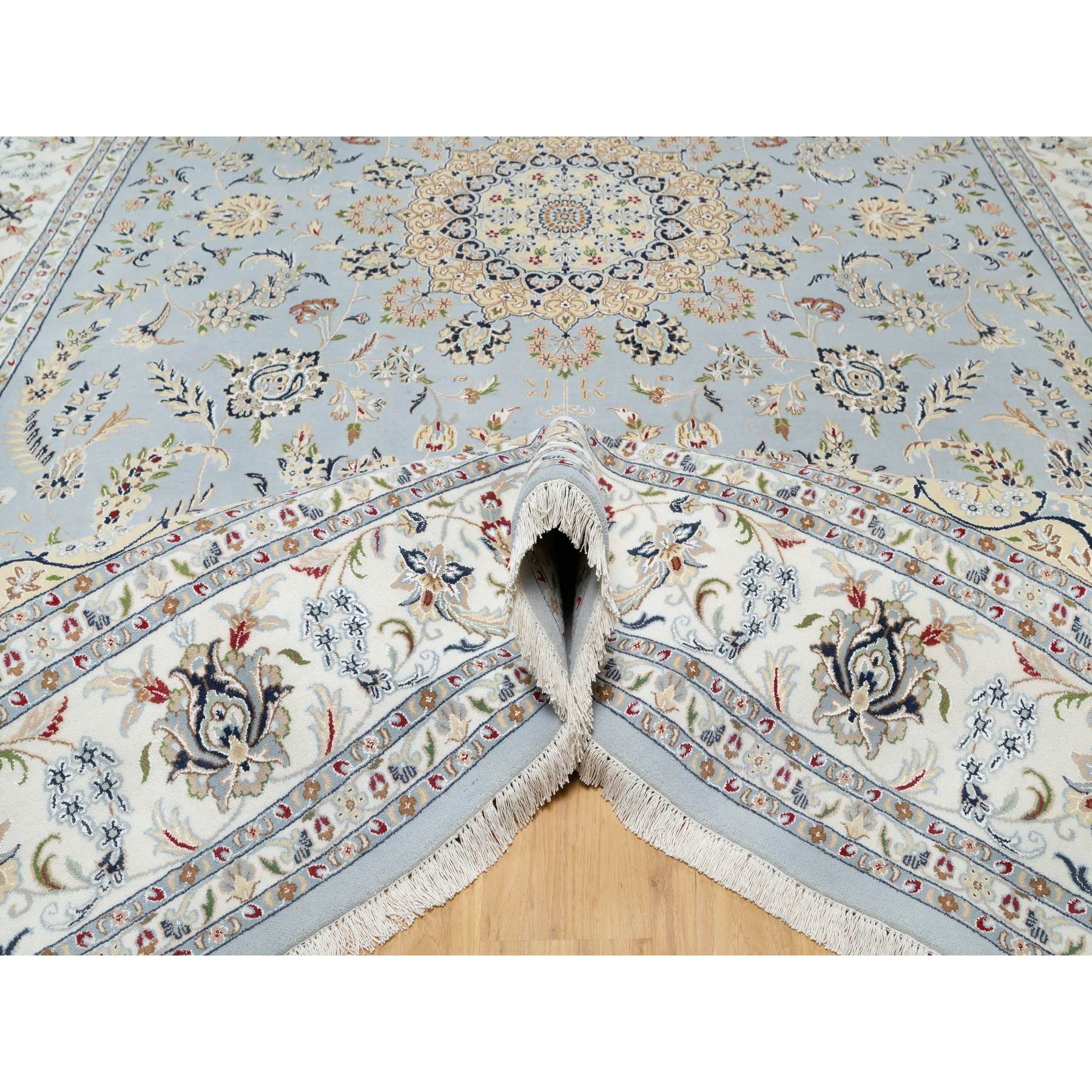 9'9"x14'3" Beau Blue, Wool and Silk, Hand Knotted, Nain with Large Center Medallion, 250 KPSI, Oriental Rug Sh90872