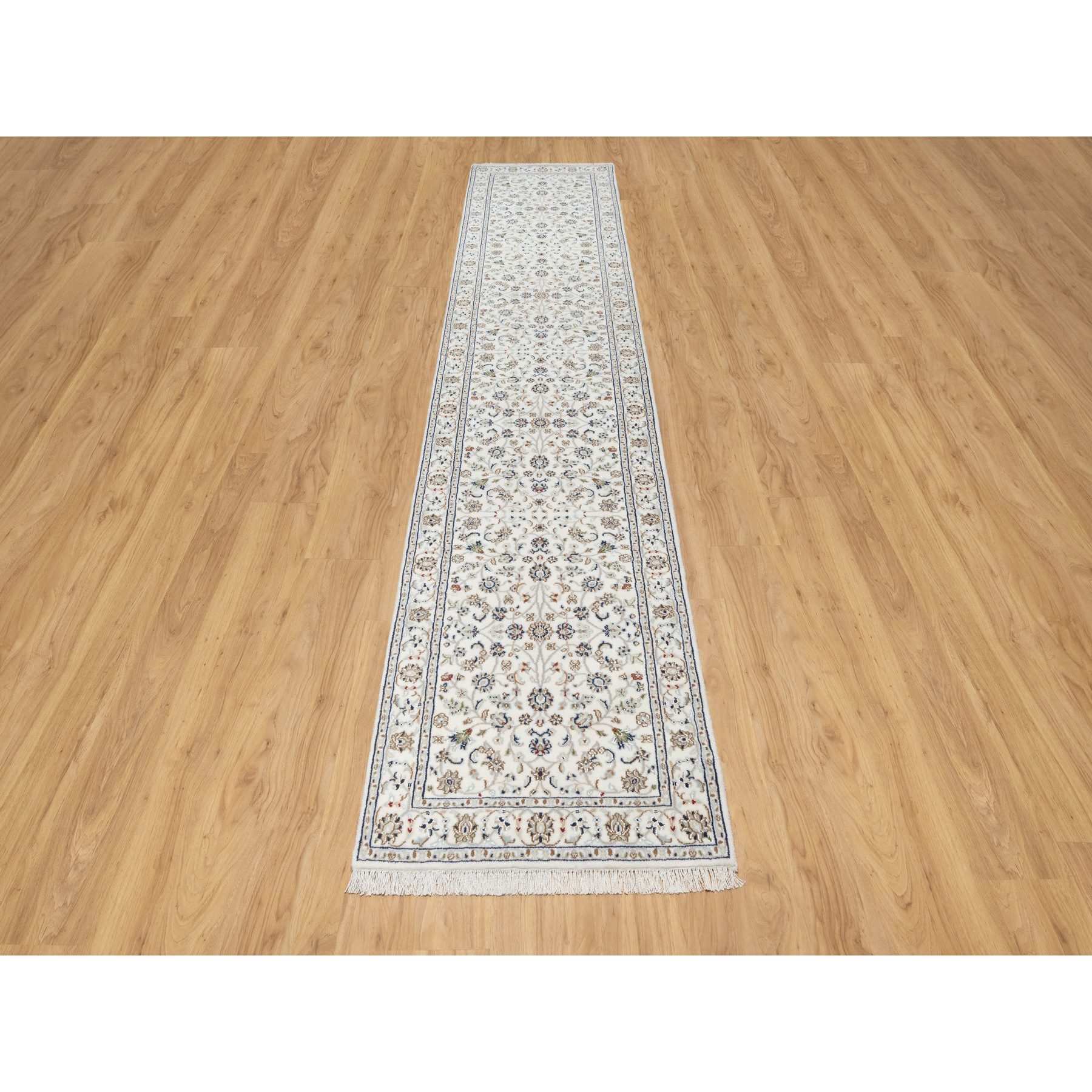 2'7"x12'2" Natural White, 250 KPSI, Wool and Silk, Nain All Over Floral Design, Hand Knotted, Runner, Oriental Rug Sh90873
