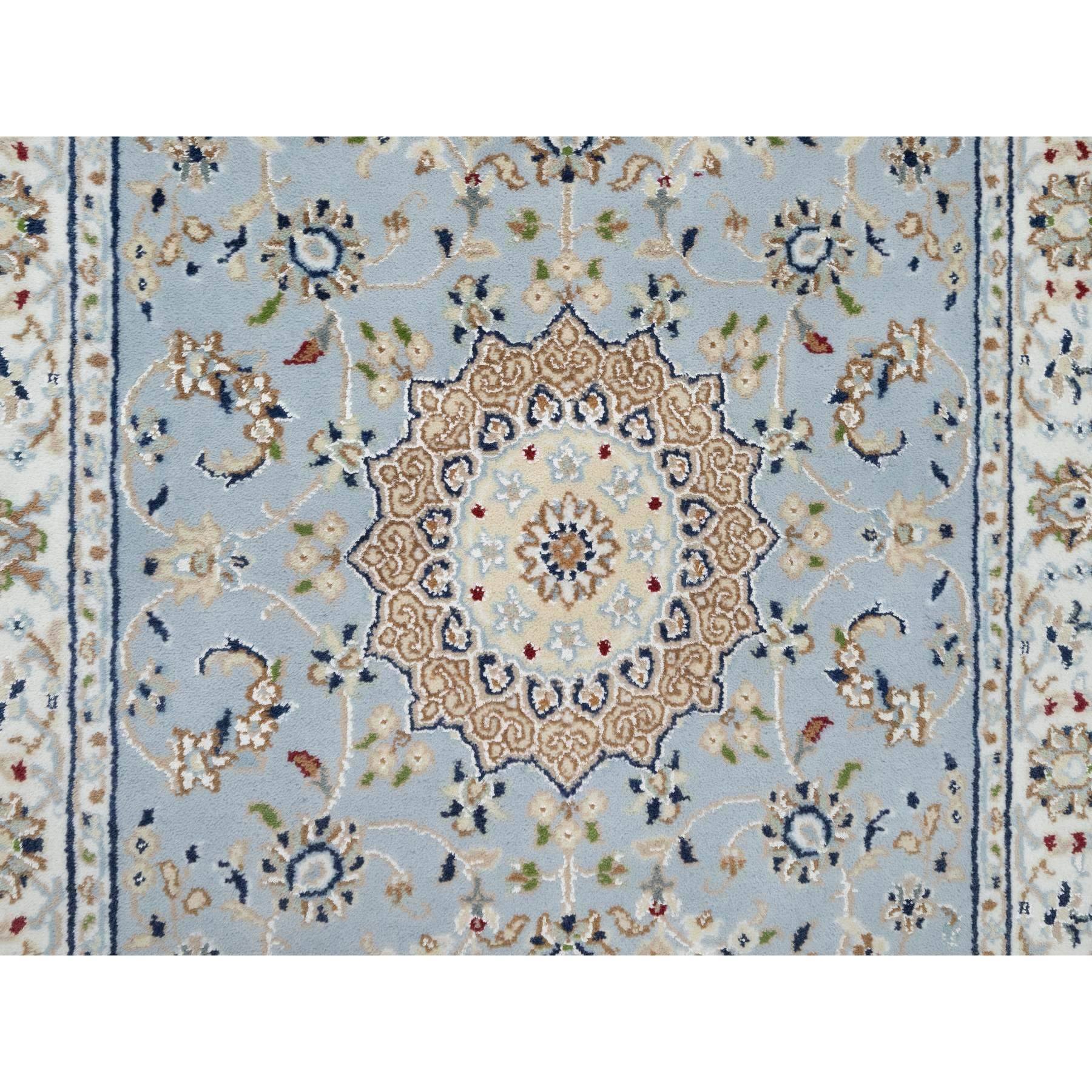 2'8"x8'3" Beau Blue, 250 KPSI, Wool and Silk, Hand Knotted, Nain with Large Center Medallion, Runner, Oriental Rug Sh90879