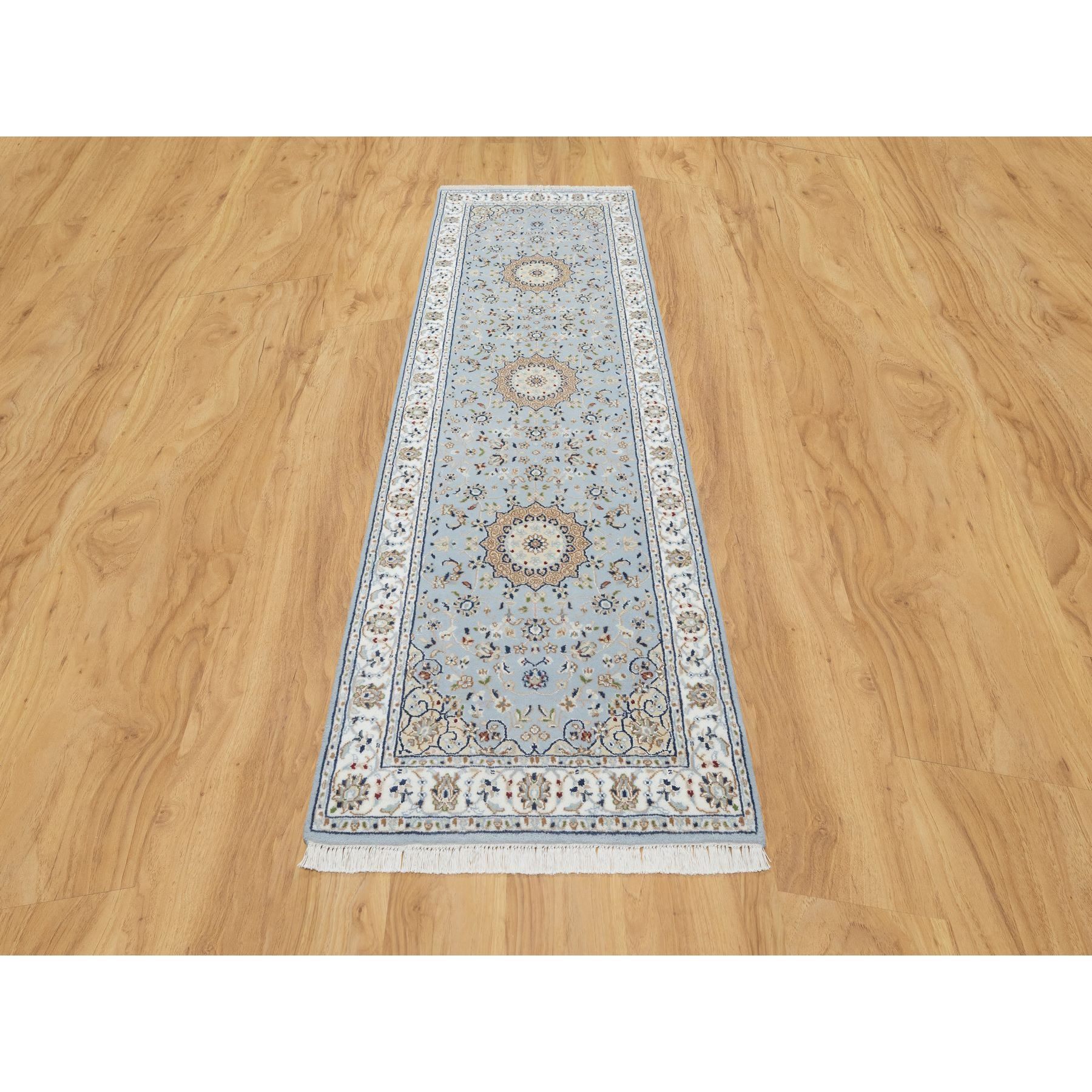2'8"x8'4" Beau Blue, Nain with Large Center Medallion, 250 KPSI, Wool and Silk, Hand Knotted, Runner, Oriental Rug Sh90880