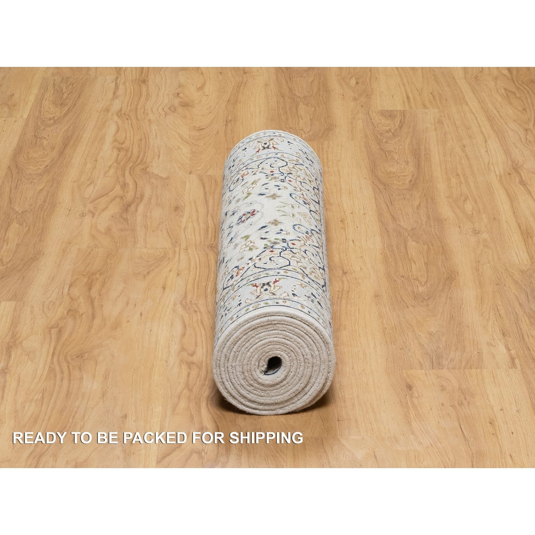 2'8"x8'3" Stone White, Hand Knotted, 250 KPSI, Nain with Center Medallion, Wool and Silk, Runner, Oriental Rug Sh90881