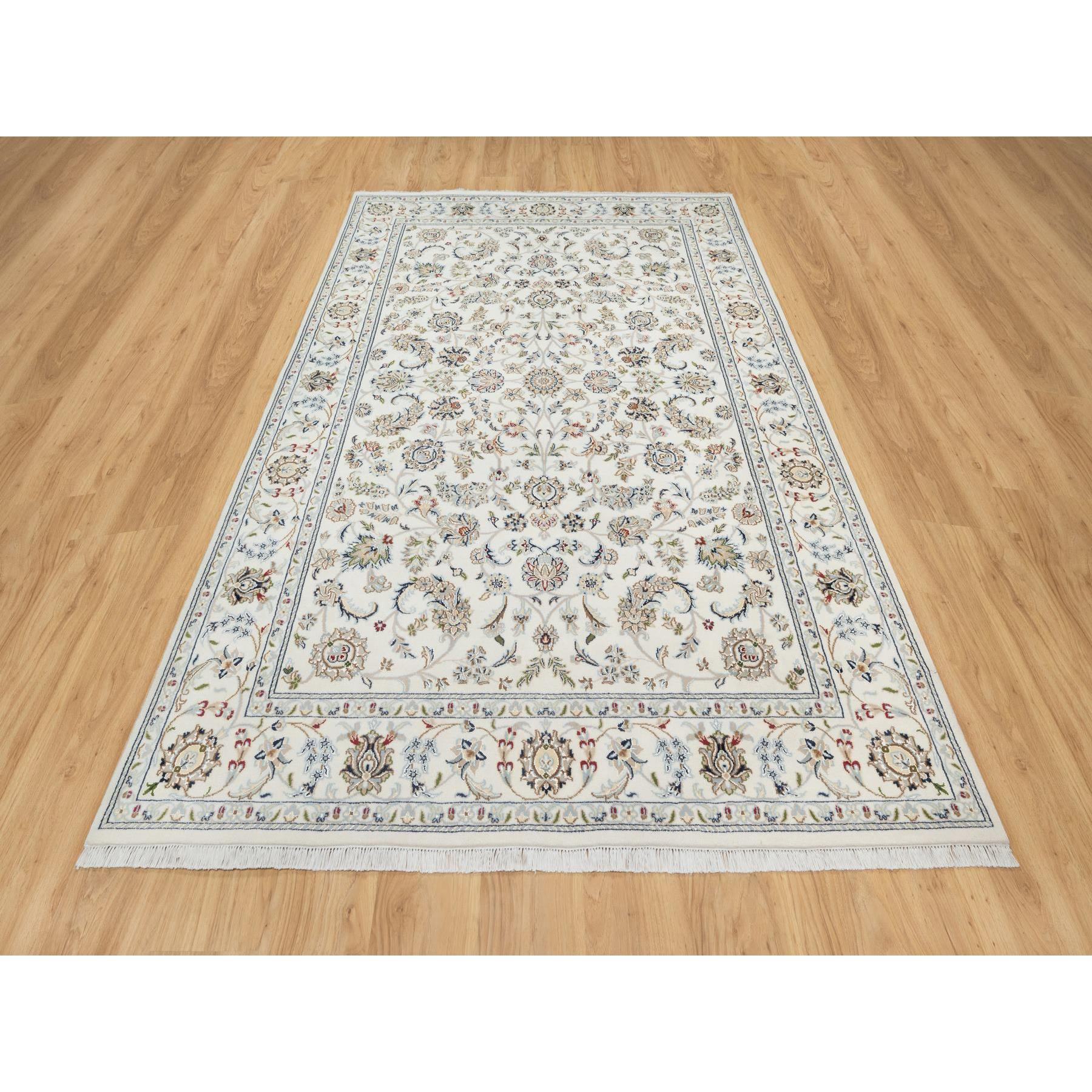 5'10"x9'1" Natural White, Hand Knotted, Nain All Over Floral Design, 250 KPSI, Wool and Silk, Oriental Rug Sh90896