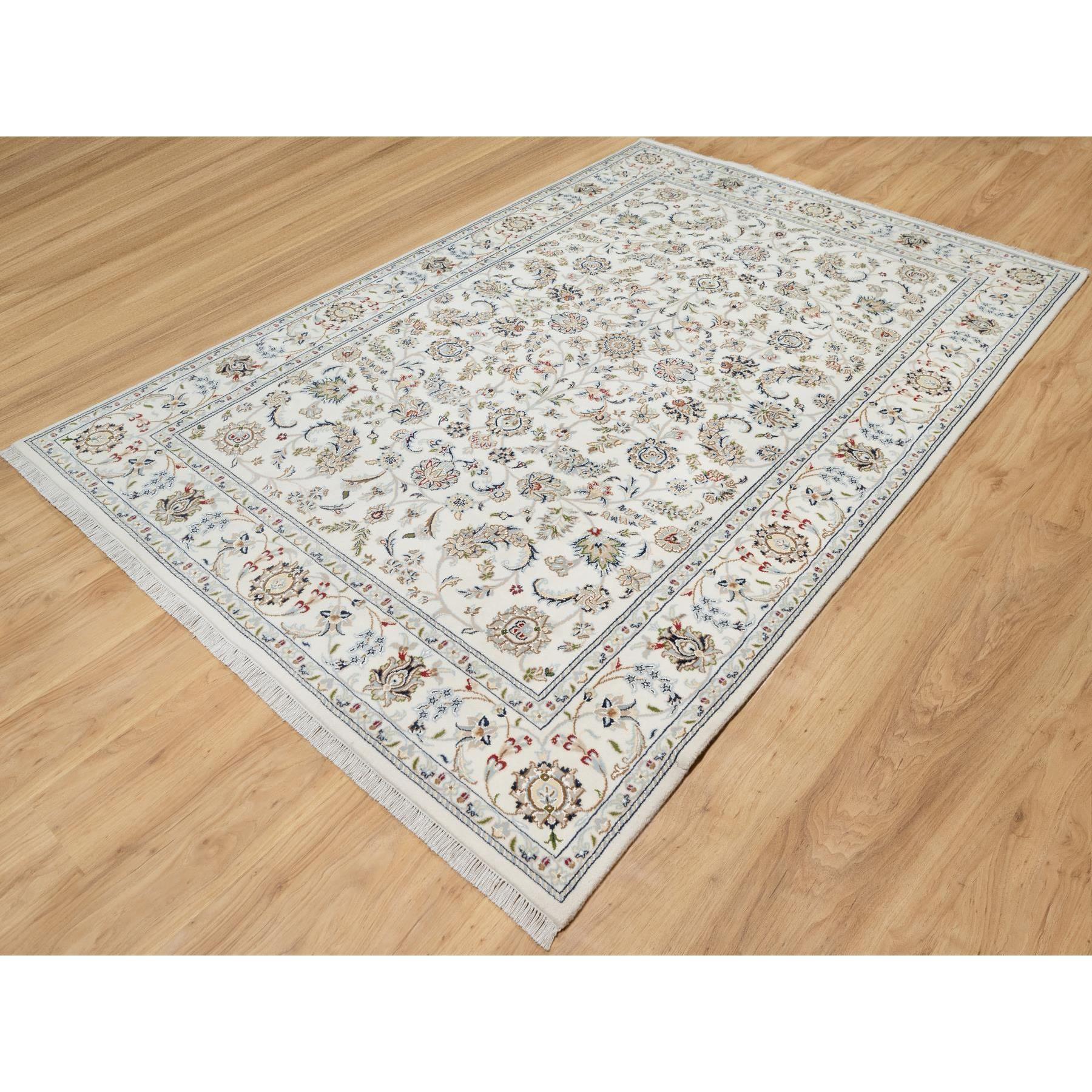 5'10"x9'1" Natural White, Hand Knotted, Nain All Over Floral Design, 250 KPSI, Wool and Silk, Oriental Rug Sh90896