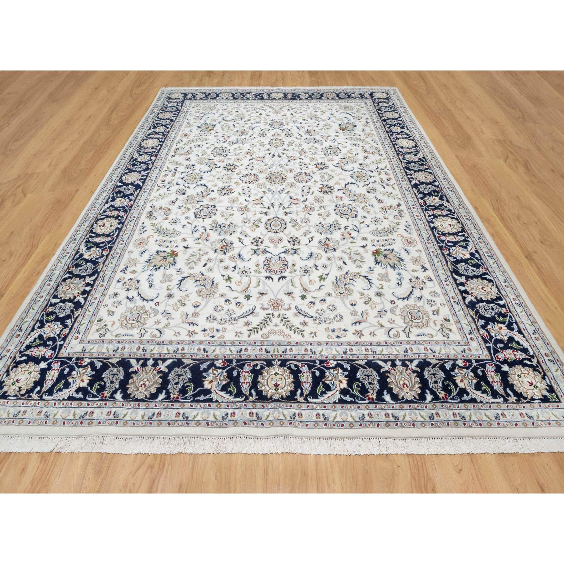 8'7"x12' Spring White, Wool and Silk, Nain All Over Flower Design, 250 KPSI, Hand Knotted, Oriental Rug Sh90900