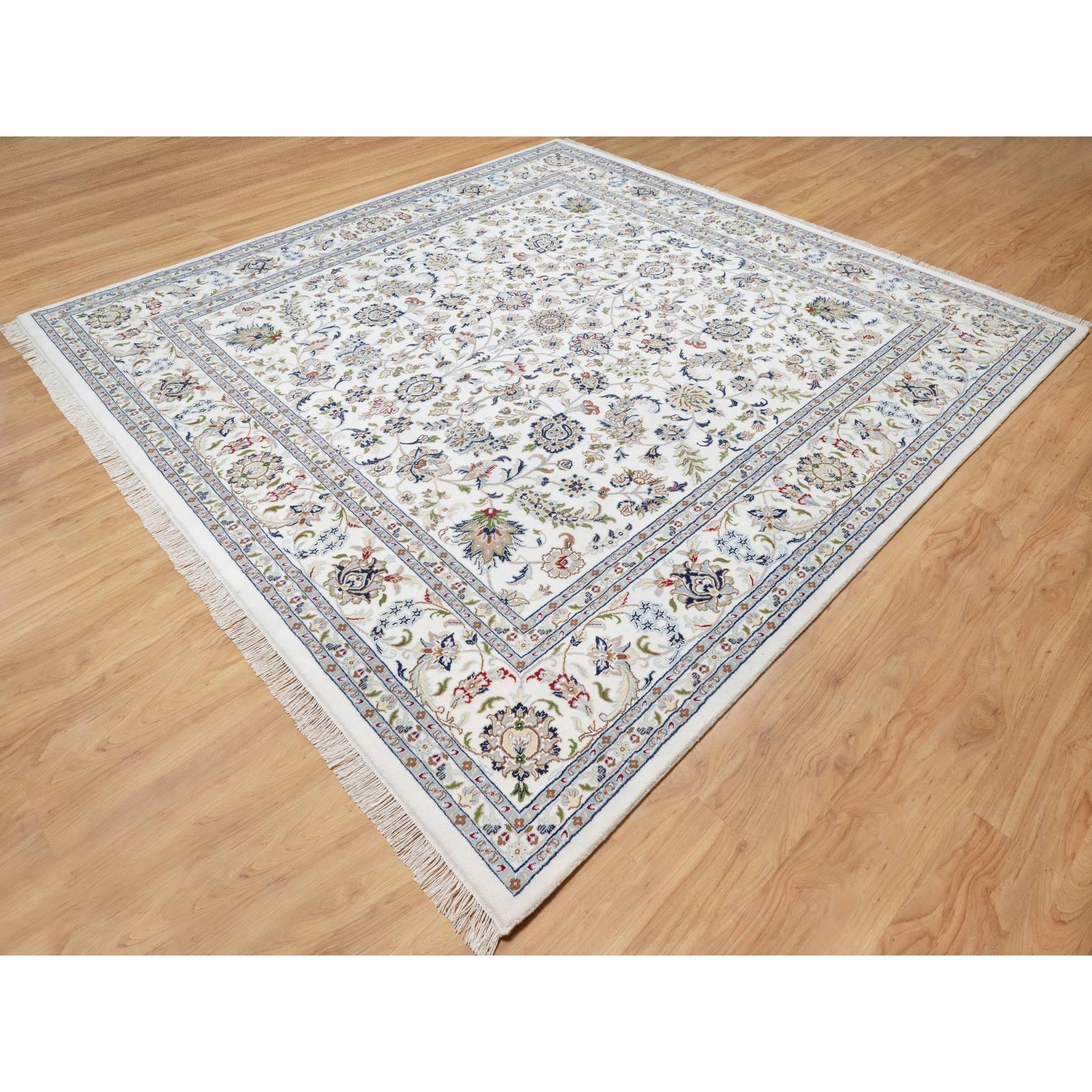 10'x10' Isabelline White, Wool and Silk, Hand Knotted, 250 KPSI, Nain All Over Floral Design, Square, Oriental Rug Sh90906